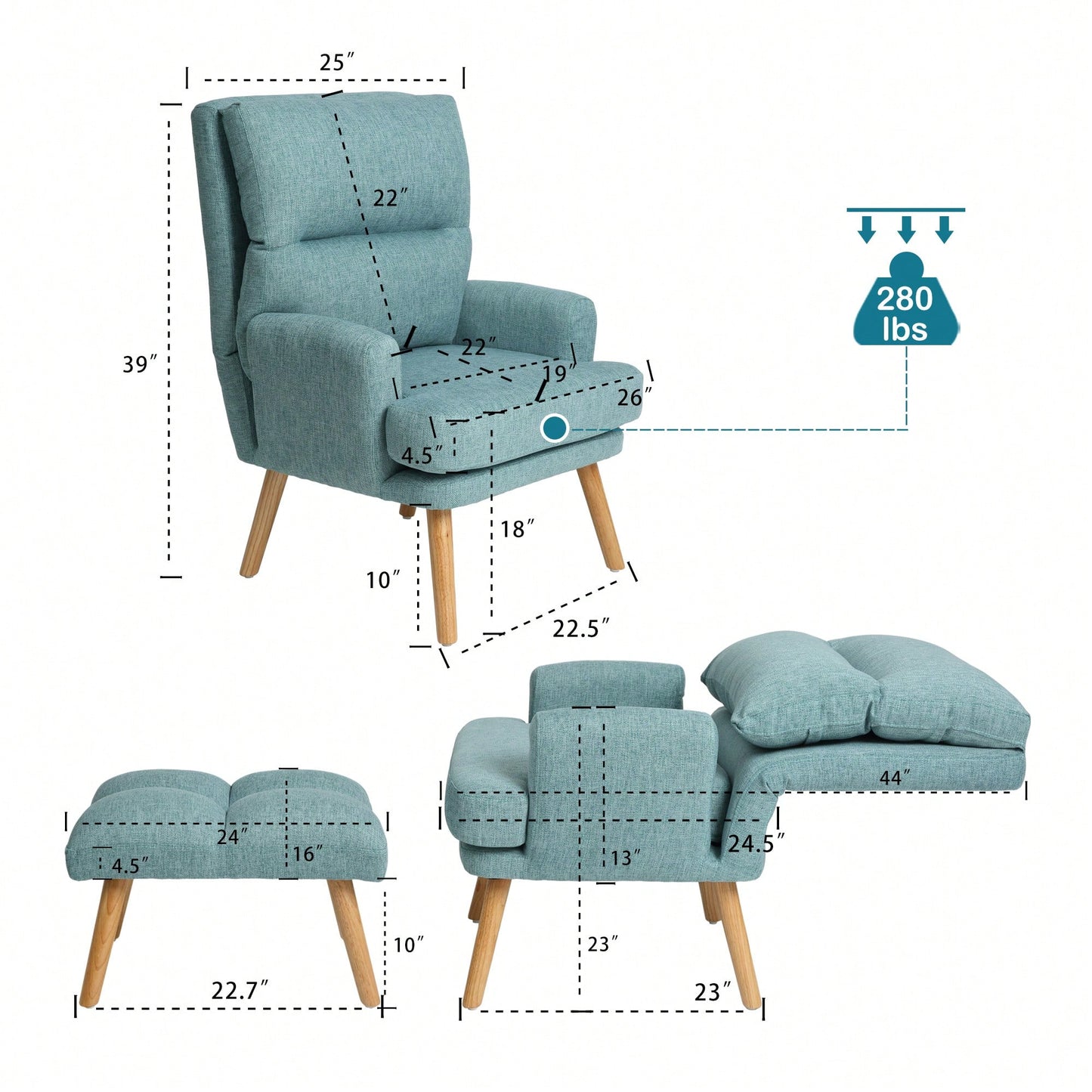 Mid Century Modern Accent Chair and Ottoman Set with Adjustable Backrest for Living Room and Bedroom