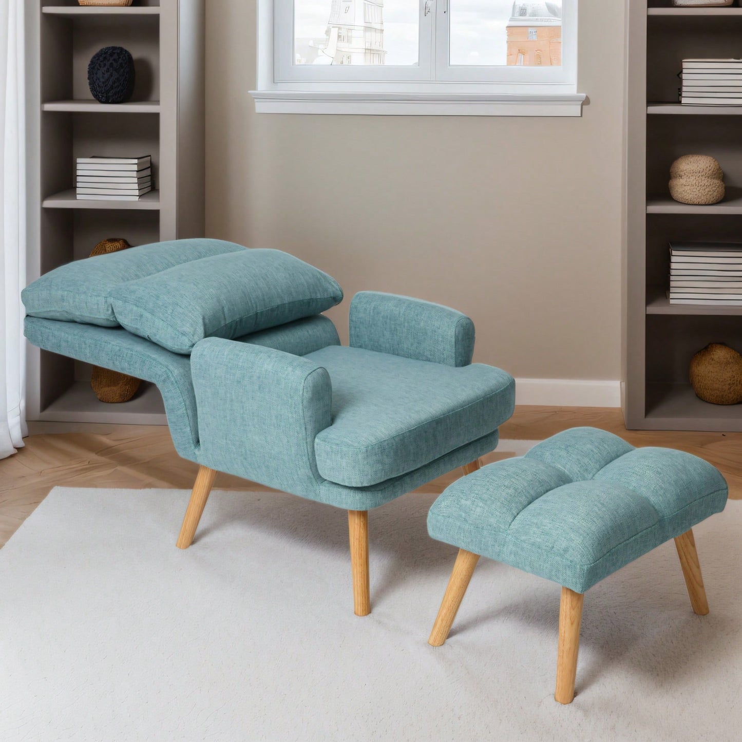 Mid Century Modern Accent Chair and Ottoman Set with Adjustable Backrest for Living Room and Bedroom