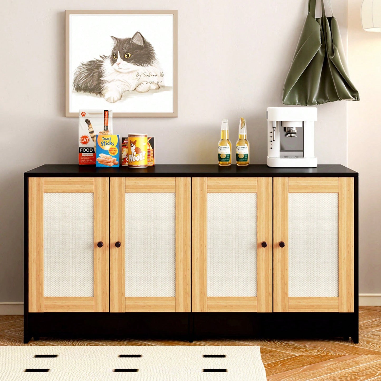 Spacious Double Cat Litter Box Enclosure With Rattan Doors - Stylish Furniture For Two Cats, 47" L X 19.8" W X 21.8" H, Sleek Black Design