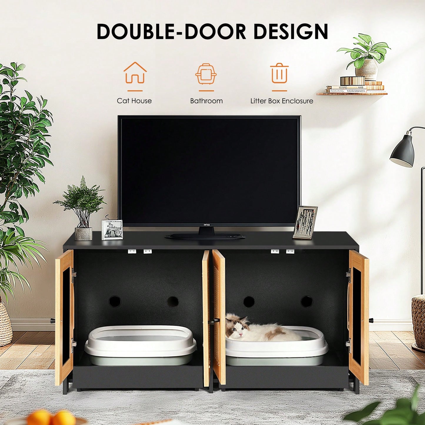 Spacious Double Cat Litter Box Enclosure With Rattan Doors - Stylish Furniture For Two Cats, 47" L X 19.8" W X 21.8" H, Sleek Black Design