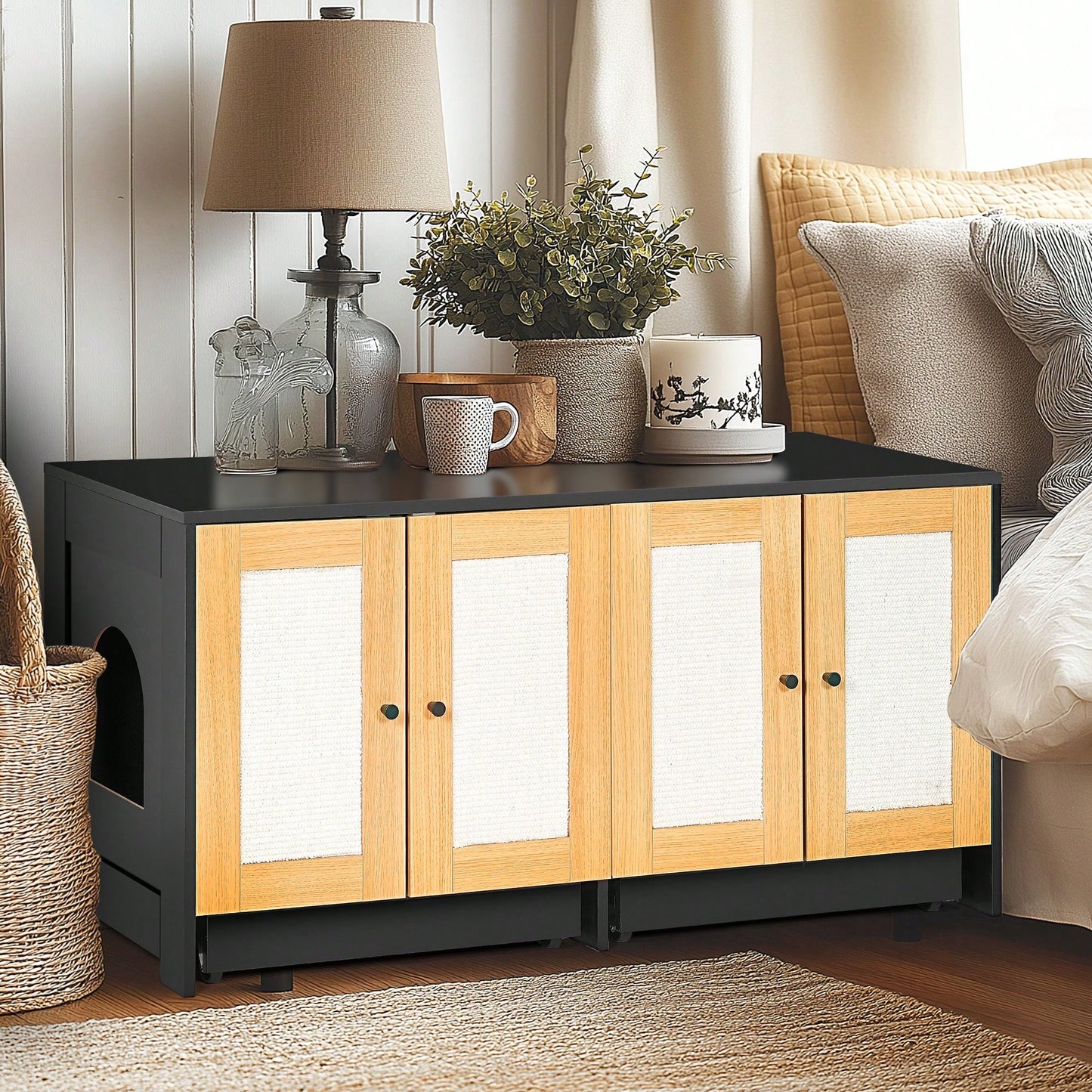 Spacious Double Cat Litter Box Enclosure With Rattan Doors - Stylish Furniture For Two Cats, 47" L X 19.8" W X 21.8" H, Sleek Black Design