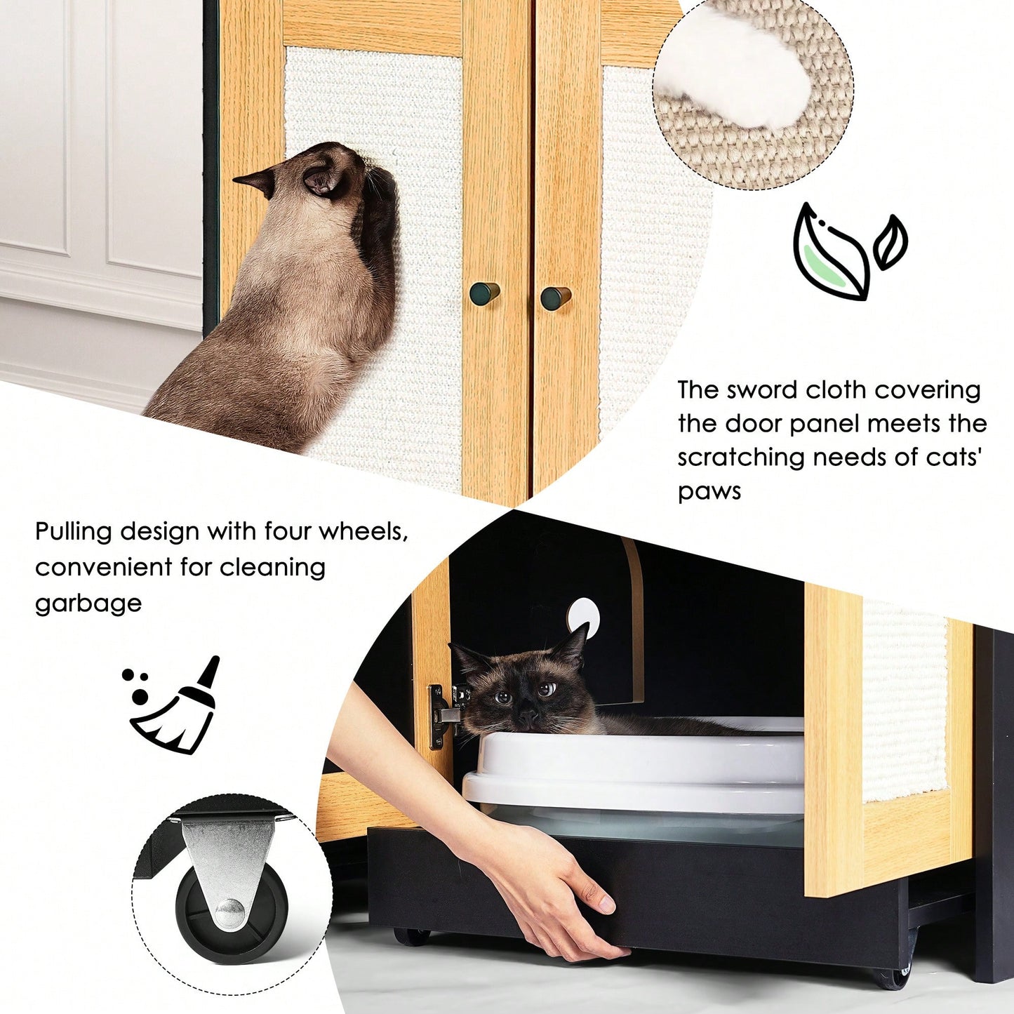 Spacious Double Cat Litter Box Enclosure With Rattan Doors - Stylish Furniture For Two Cats, 47" L X 19.8" W X 21.8" H, Sleek Black Design