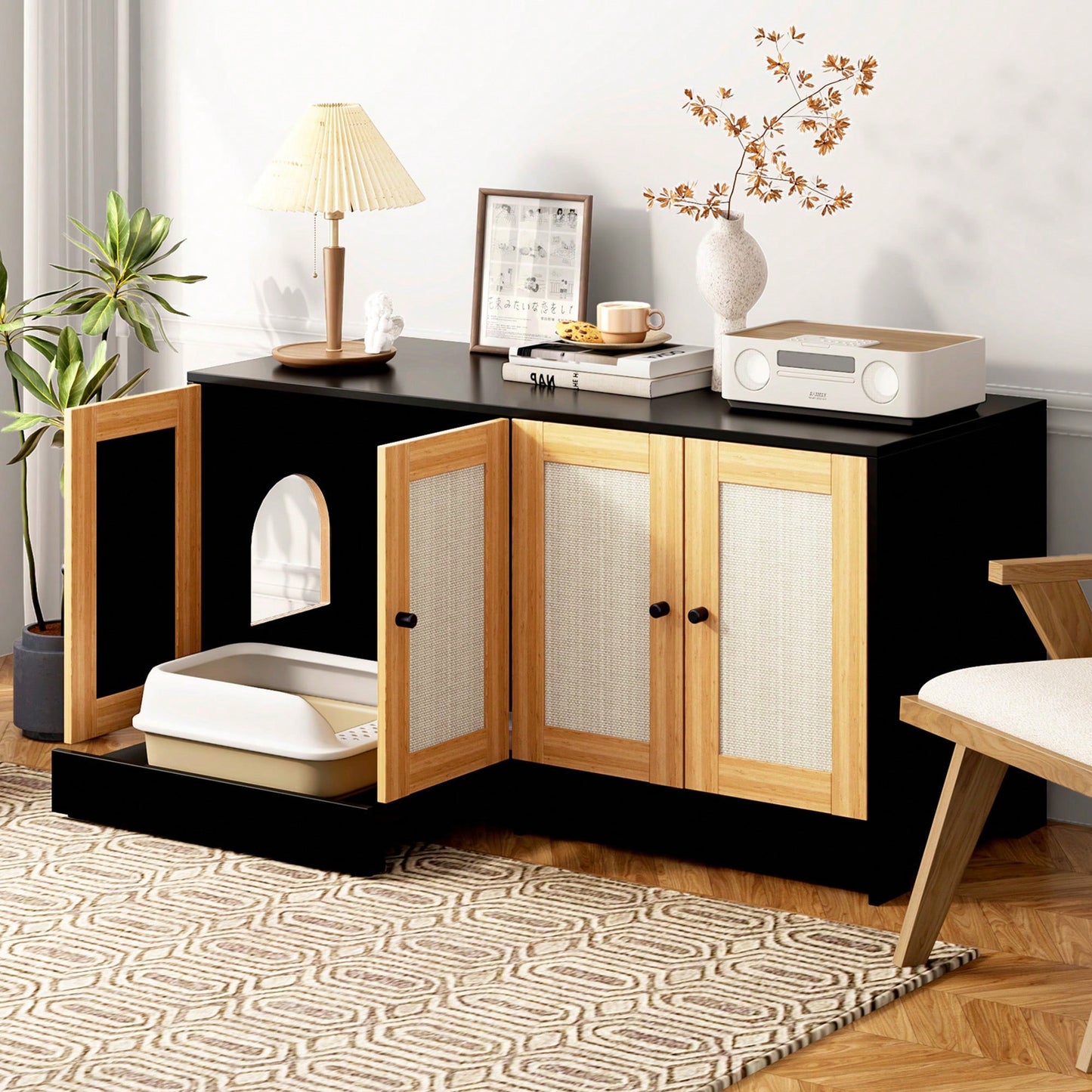 Spacious Double Cat Litter Box Enclosure With Rattan Doors - Stylish Furniture For Two Cats, 47" L X 19.8" W X 21.8" H, Sleek Black Design