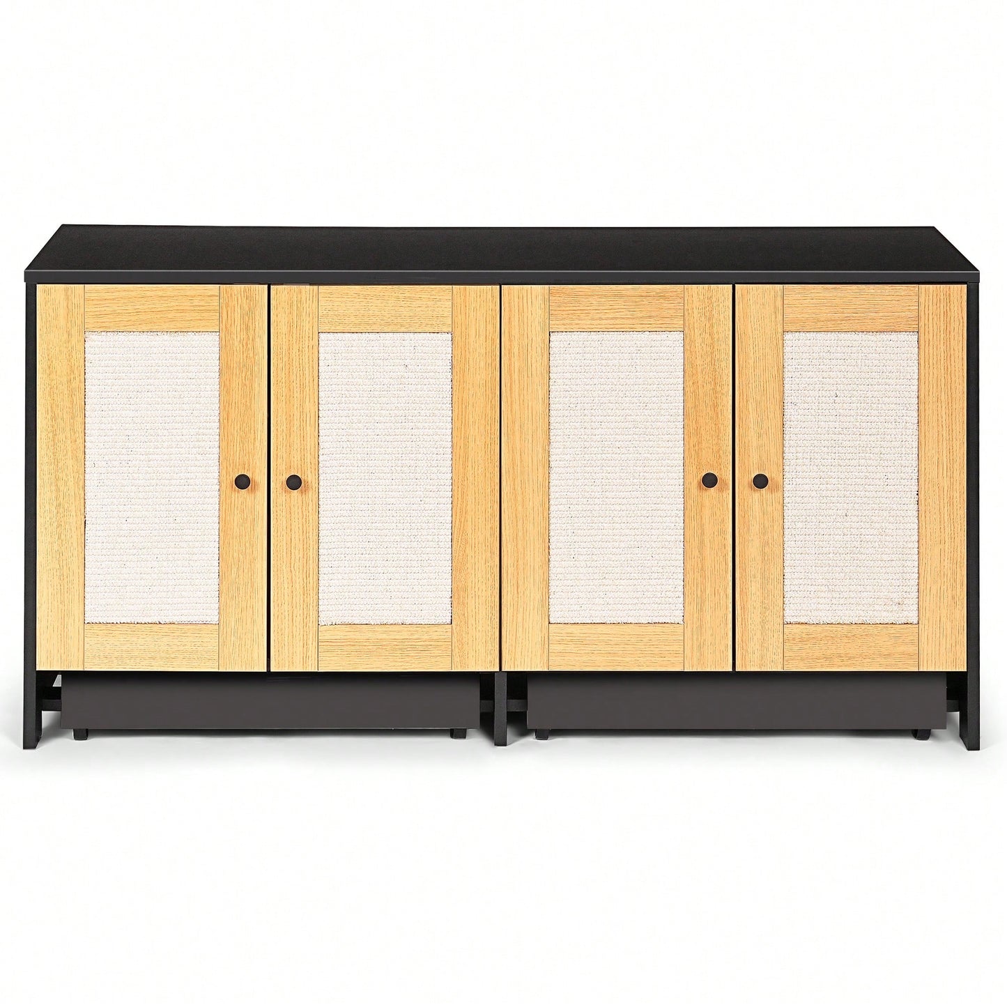 Spacious Double Cat Litter Box Enclosure With Rattan Doors - Stylish Furniture For Two Cats, 47" L X 19.8" W X 21.8" H, Sleek Black Design