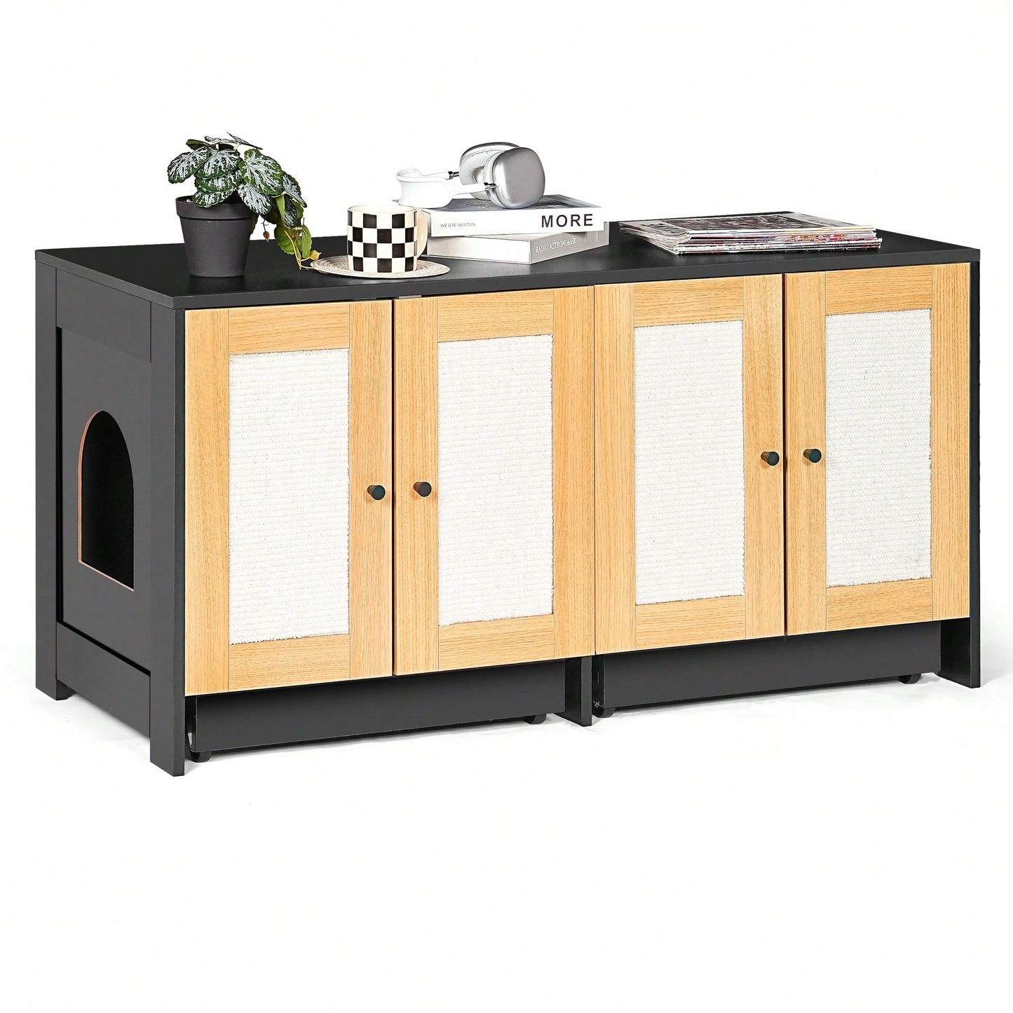 Spacious Double Cat Litter Box Enclosure With Rattan Doors - Stylish Furniture For Two Cats, 47" L X 19.8" W X 21.8" H, Sleek Black Design