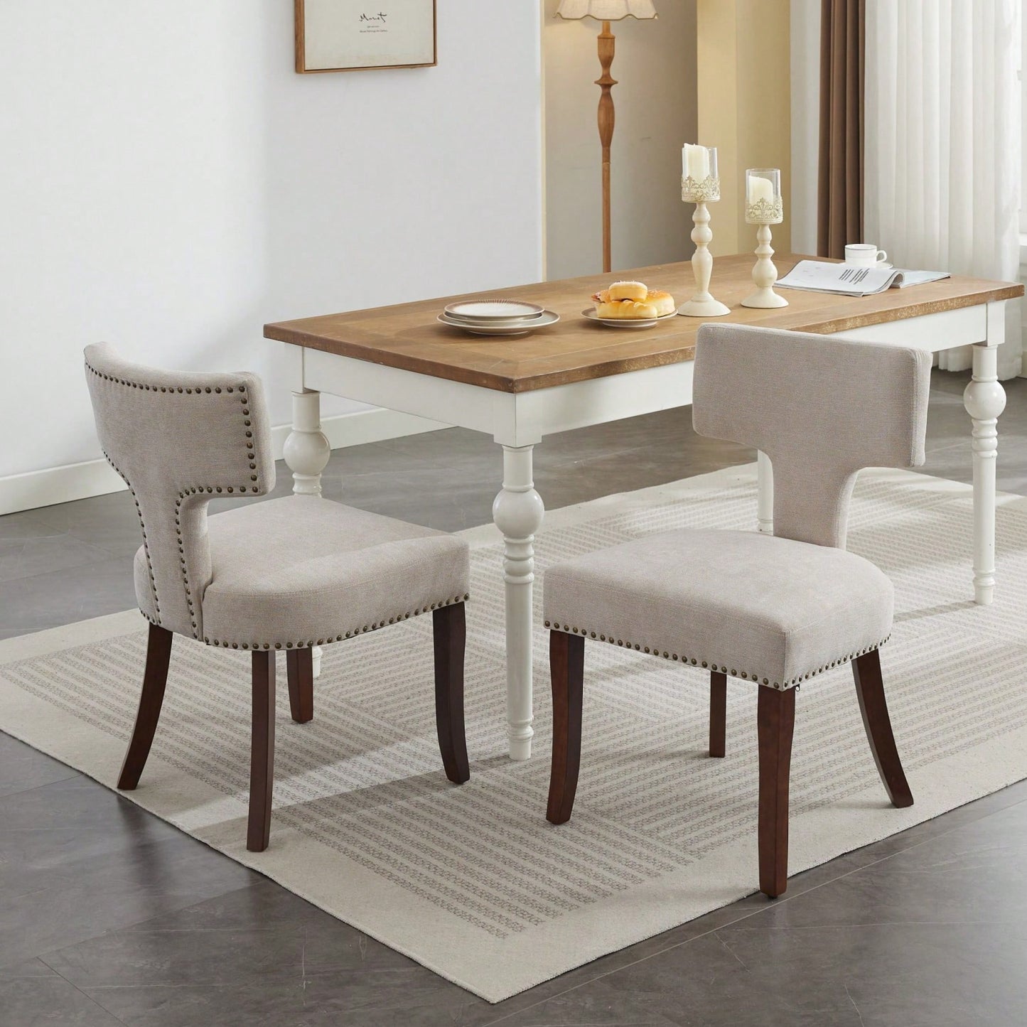 Set Of 2 Curved Backrest Linen Upholstered Dining Chairs With Copper Nail Accents, Farmhouse Style Hardwood Kitchen Seating In Beige