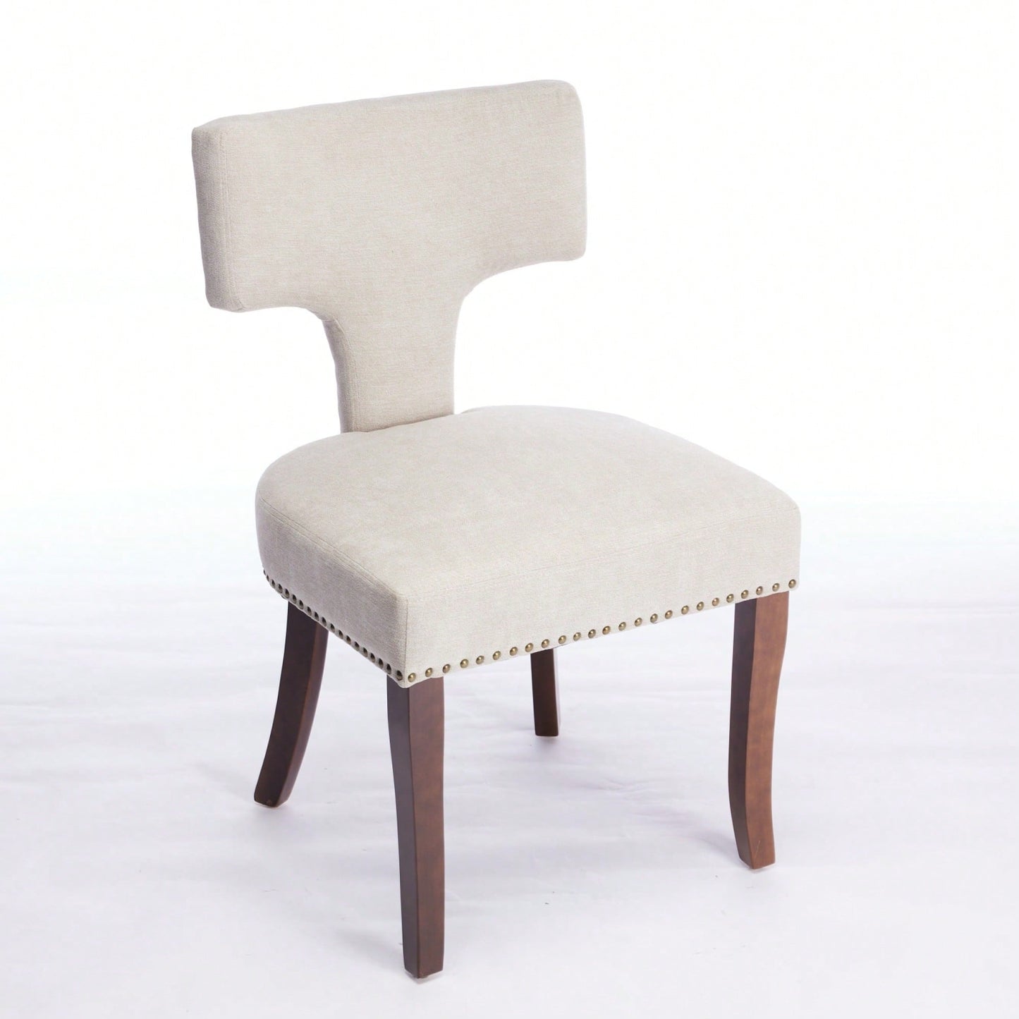 Set Of 2 Curved Backrest Linen Upholstered Dining Chairs With Copper Nail Accents, Farmhouse Style Hardwood Kitchen Seating In Beige