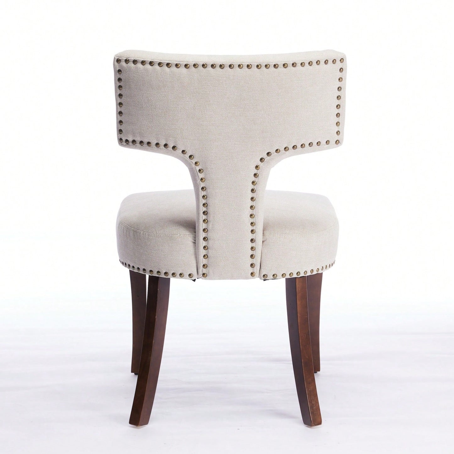 Set Of 2 Curved Backrest Linen Upholstered Dining Chairs With Copper Nail Accents, Farmhouse Style Hardwood Kitchen Seating In Beige
