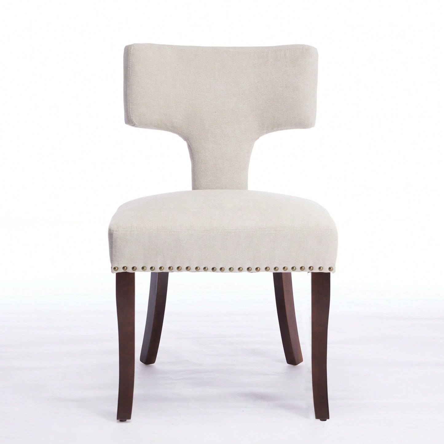 Set Of 2 Curved Backrest Linen Upholstered Dining Chairs With Copper Nail Accents, Farmhouse Style Hardwood Kitchen Seating In Beige
