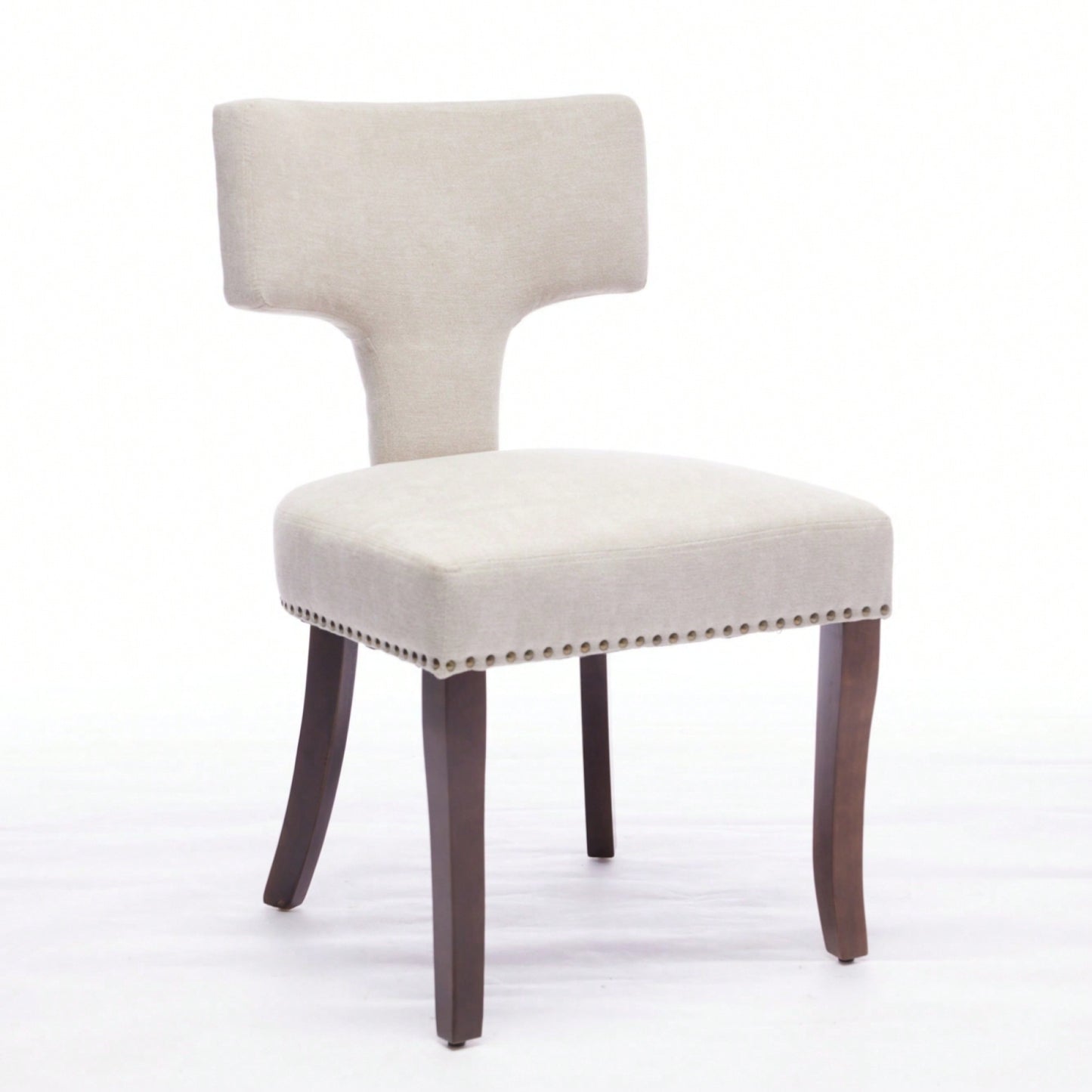 Set Of 2 Curved Backrest Linen Upholstered Dining Chairs With Copper Nail Accents, Farmhouse Style Hardwood Kitchen Seating In Beige