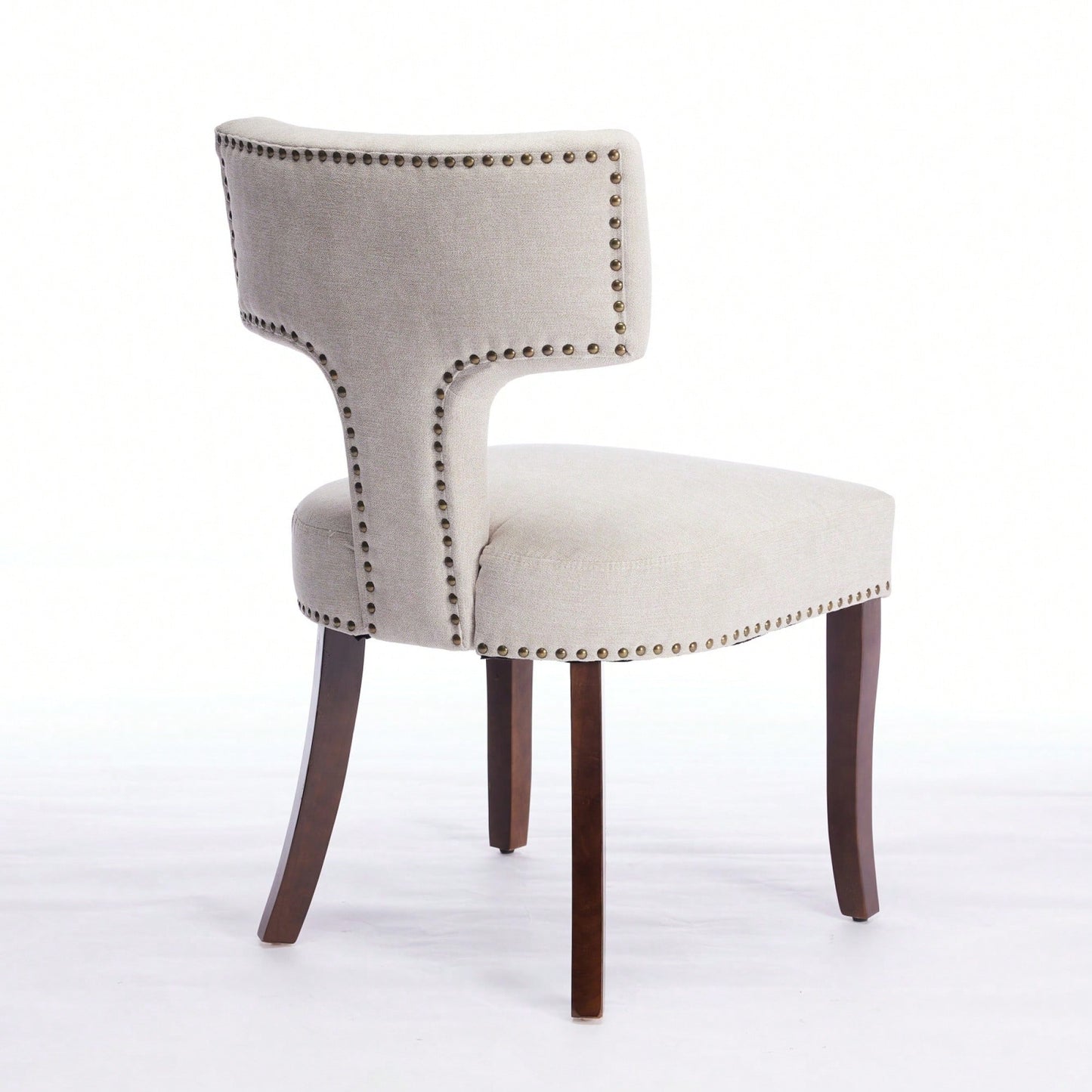Set Of 2 Curved Backrest Linen Upholstered Dining Chairs With Copper Nail Accents, Farmhouse Style Hardwood Kitchen Seating In Beige