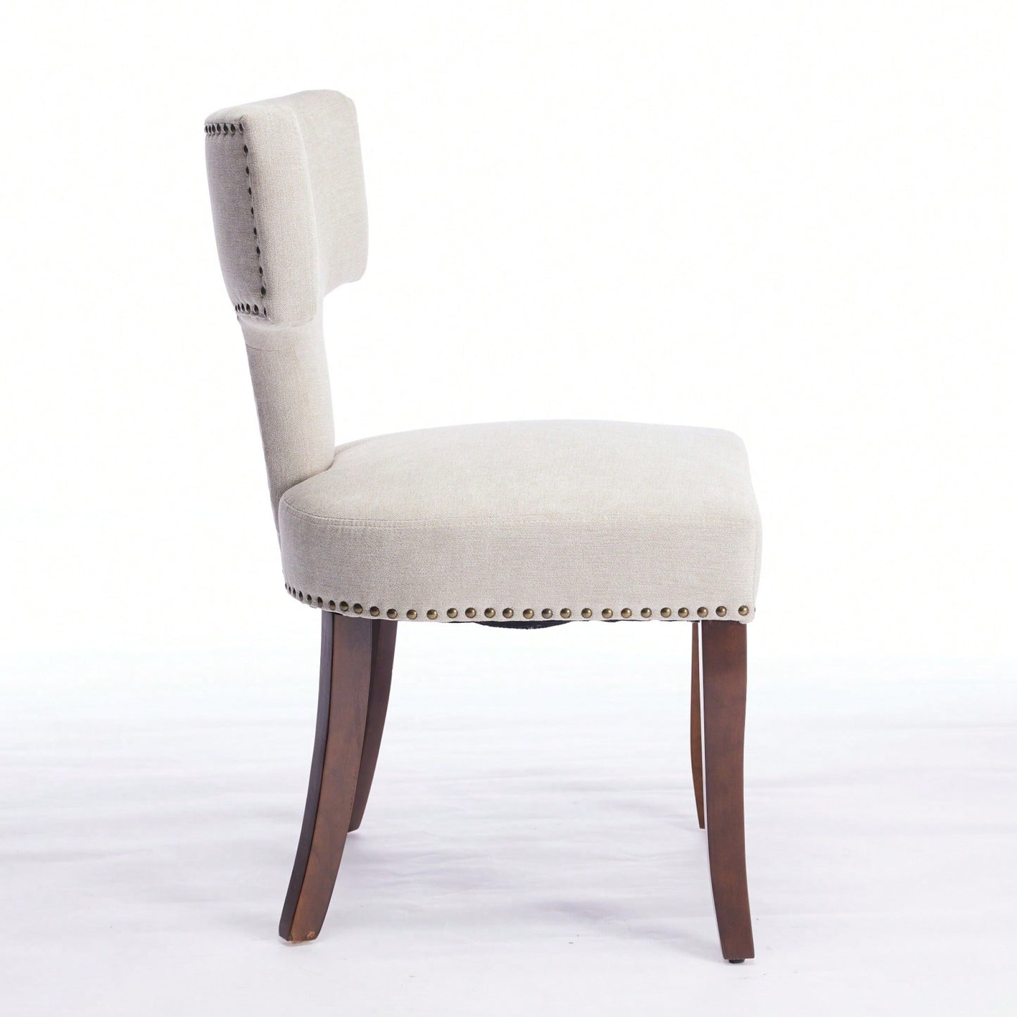 Set Of 2 Curved Backrest Linen Upholstered Dining Chairs With Copper Nail Accents, Farmhouse Style Hardwood Kitchen Seating In Beige
