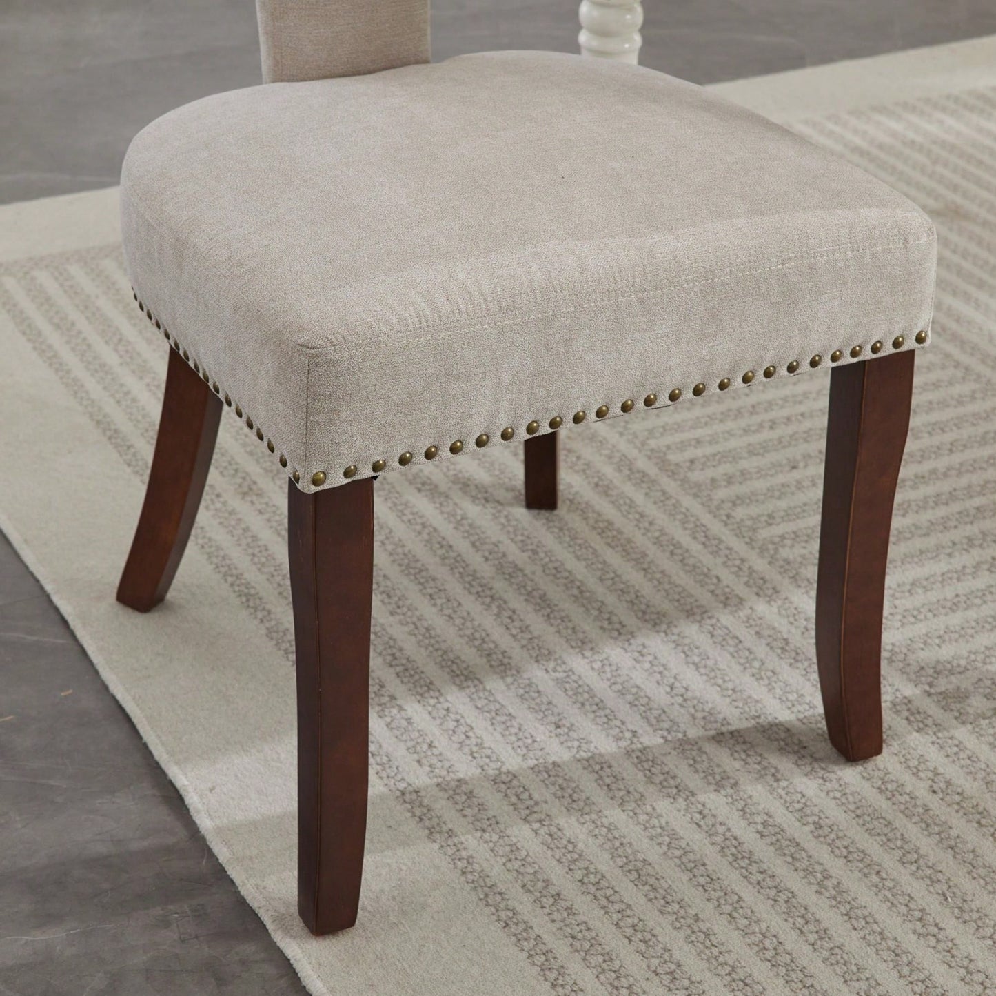 Set Of 2 Curved Backrest Linen Upholstered Dining Chairs With Copper Nail Accents, Farmhouse Style Hardwood Kitchen Seating In Beige