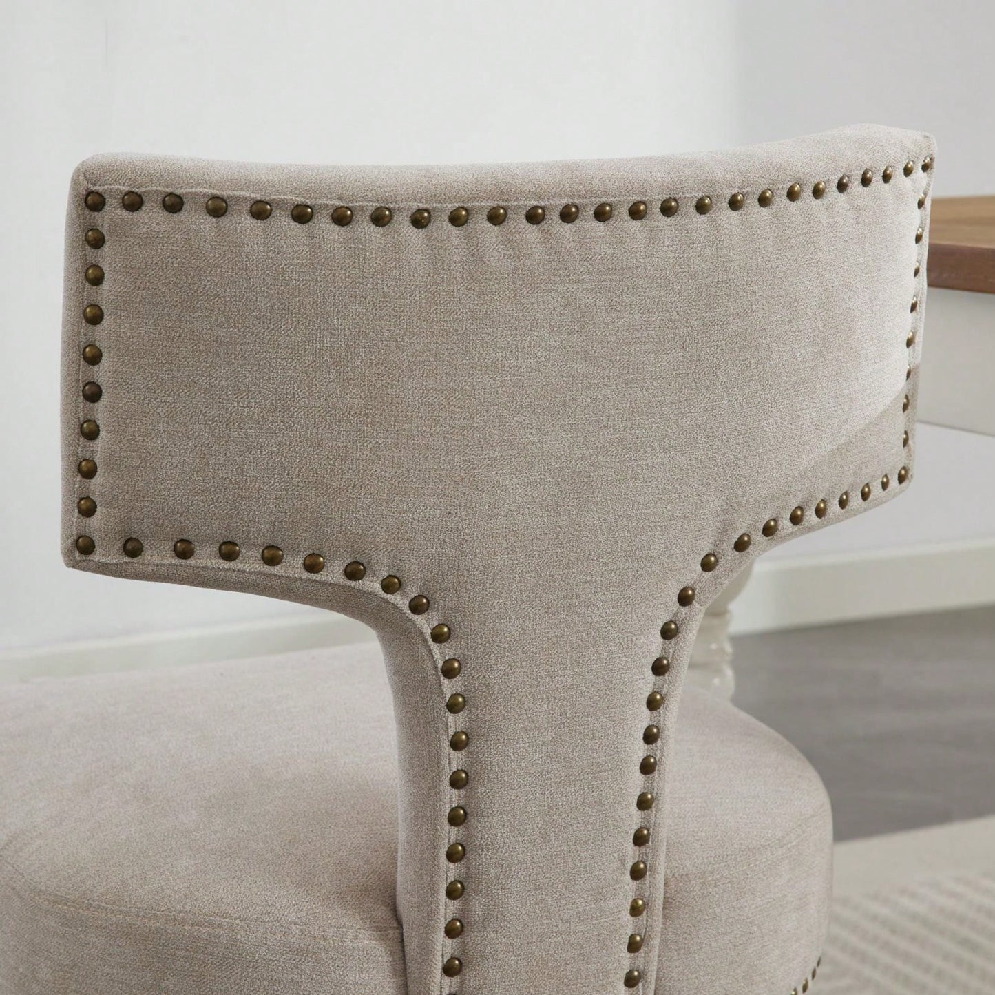 Set Of 2 Curved Backrest Linen Upholstered Dining Chairs With Copper Nail Accents, Farmhouse Style Hardwood Kitchen Seating In Beige