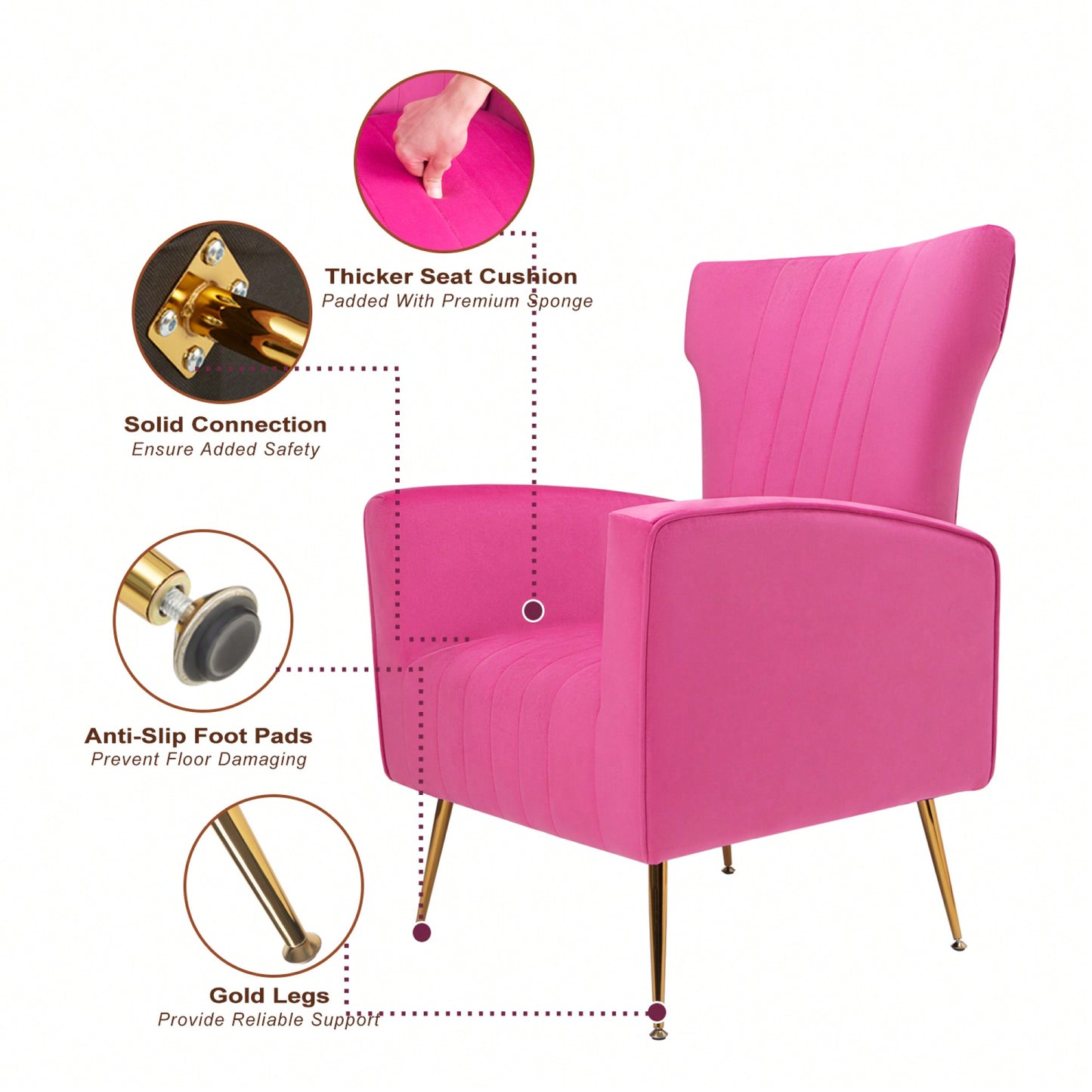 Chic Velvet Wingback Accent Chair With Gold Legs - Stylish Upholstered Armchair For Living Room Or Bedroom