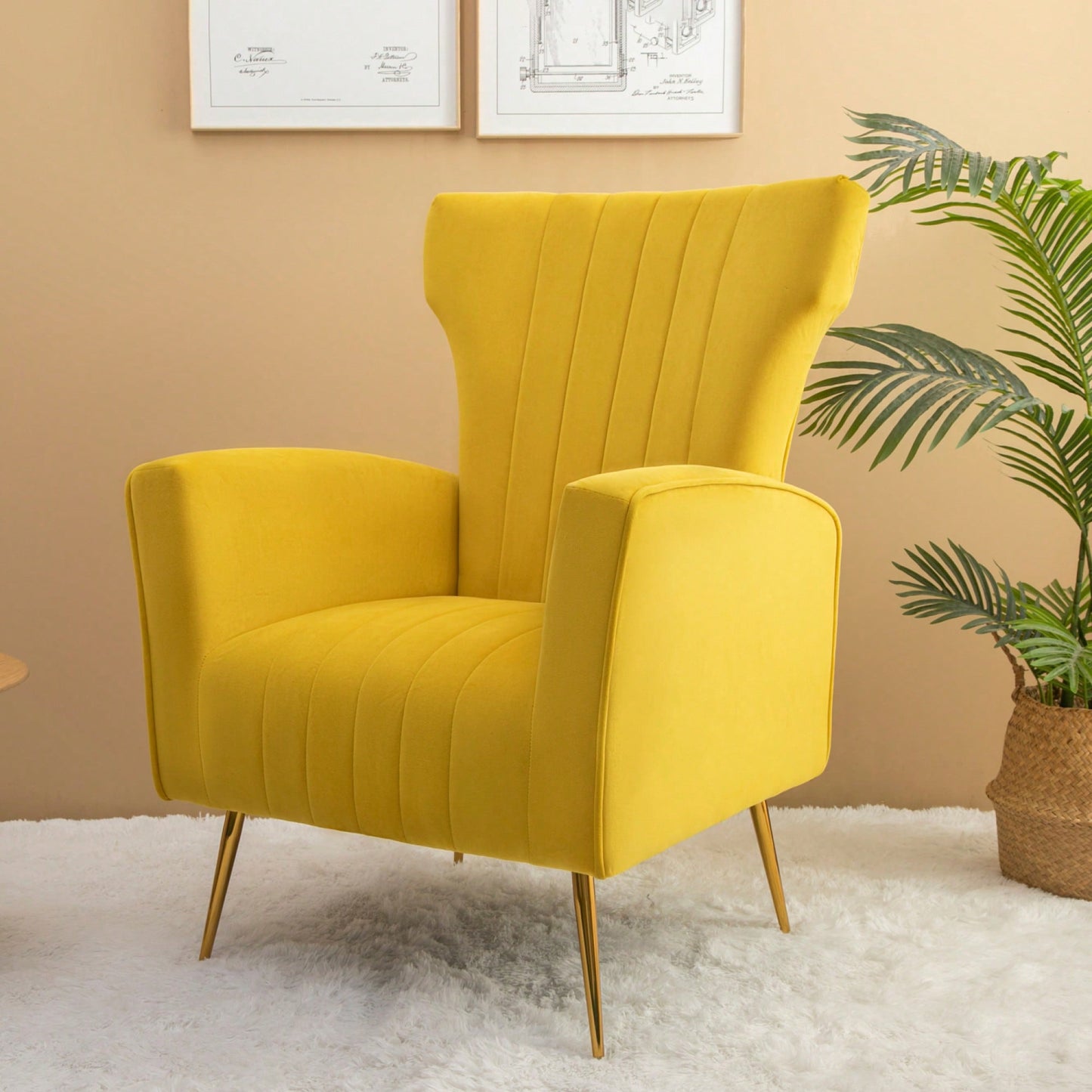 Chic Velvet Wingback Accent Chair With Gold Legs - Stylish Upholstered Armchair For Living Room Or Bedroom