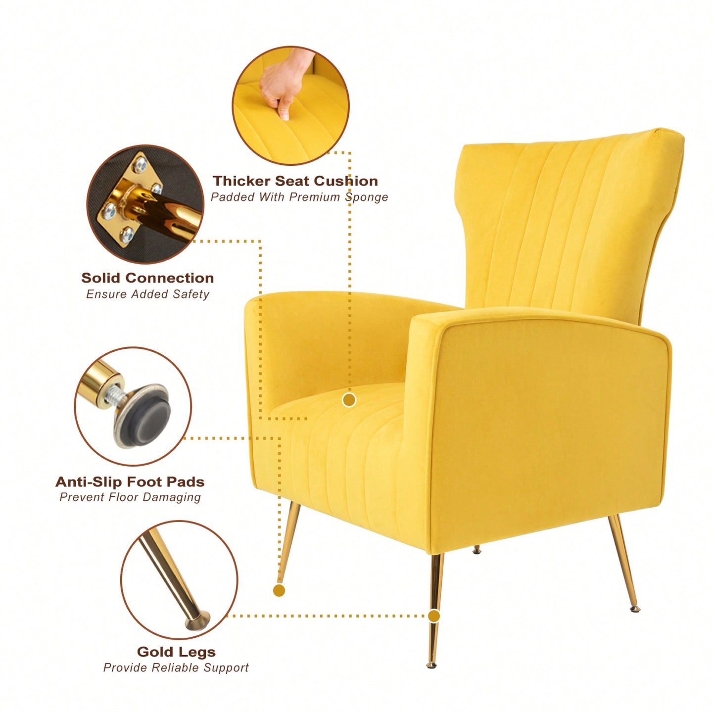 Chic Velvet Wingback Accent Chair With Gold Legs - Stylish Upholstered Armchair For Living Room Or Bedroom