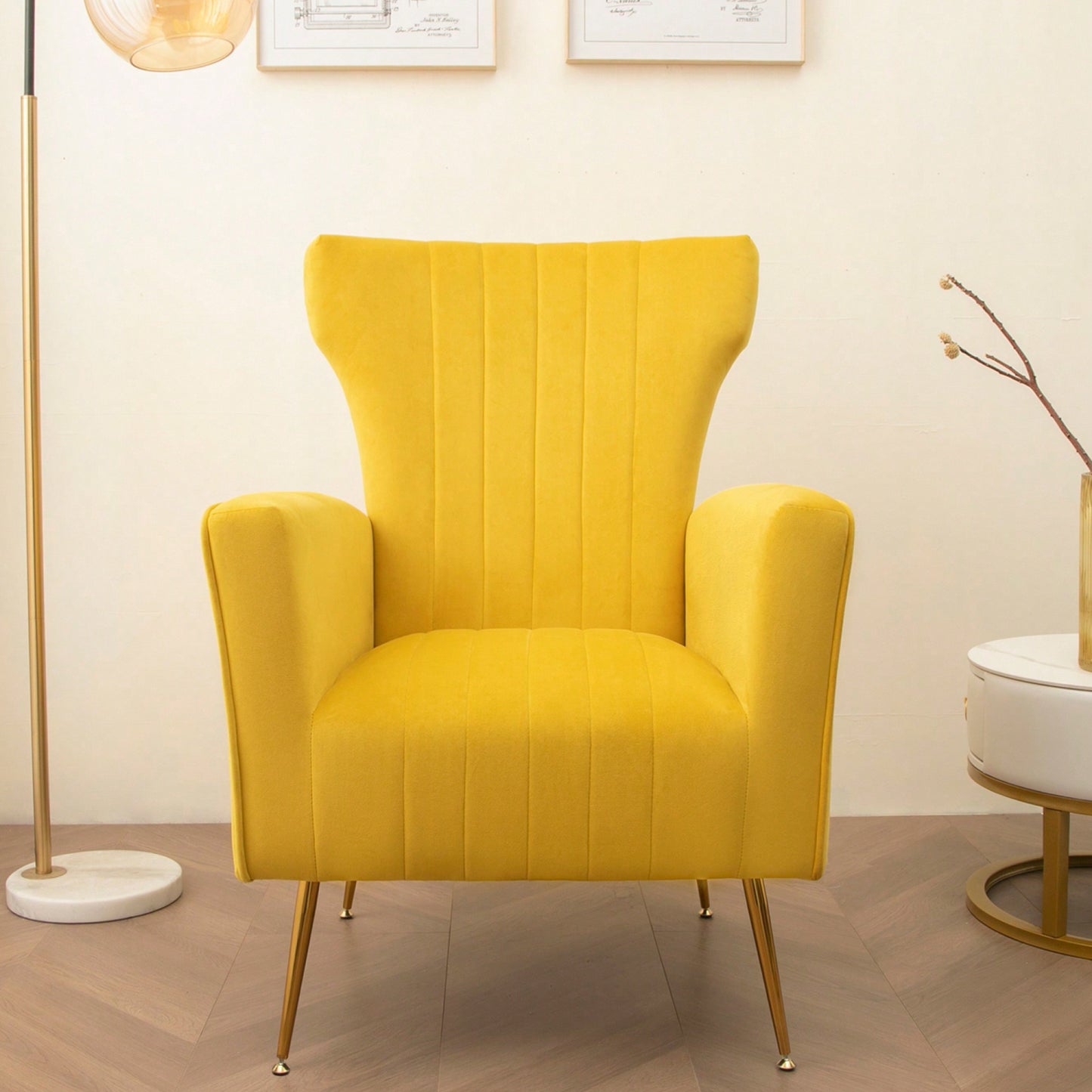 Chic Velvet Wingback Accent Chair With Gold Legs - Stylish Upholstered Armchair For Living Room Or Bedroom