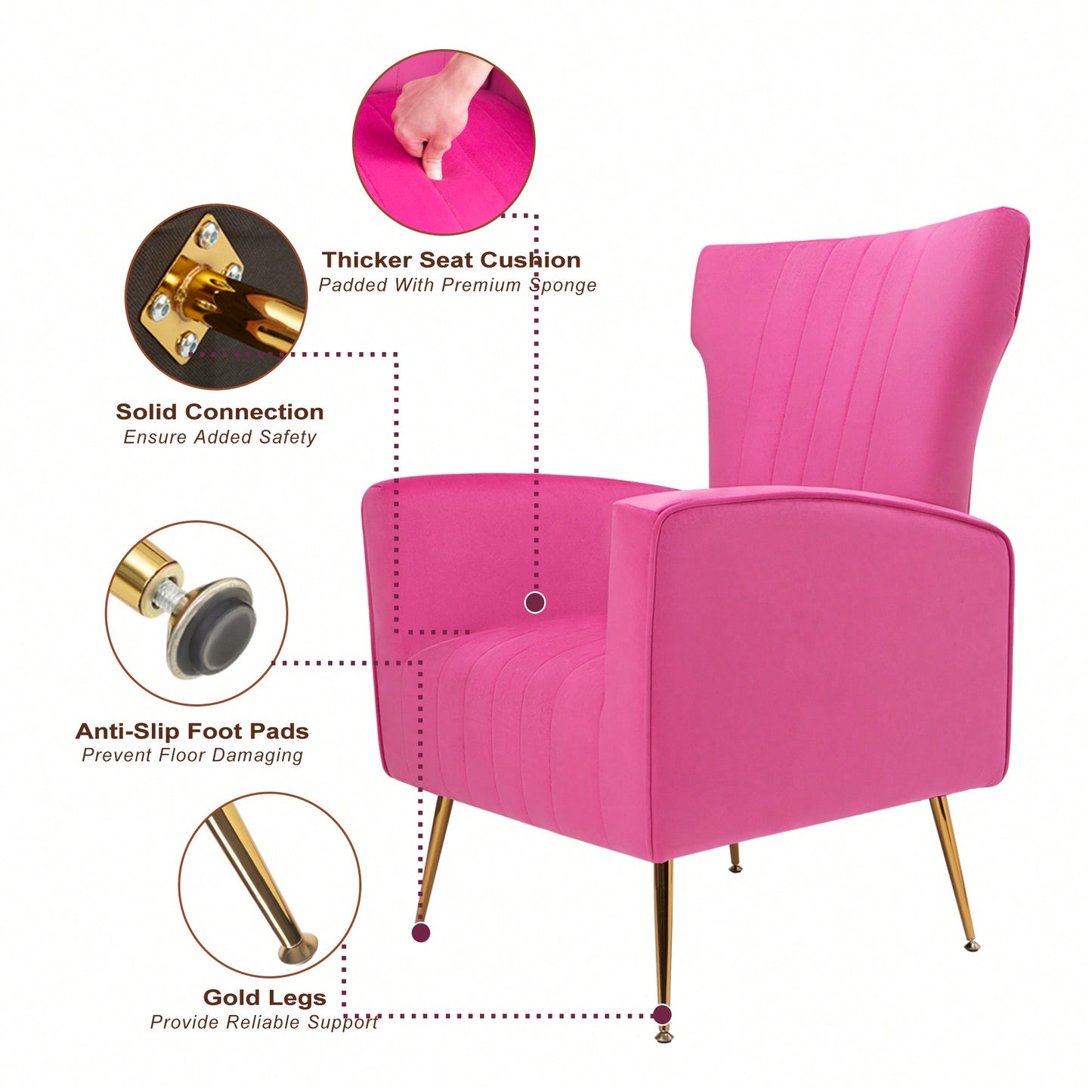 Elegant Velvet Wingback Accent Chair With Gold Legs - Upholstered Arm Chair For Living Room And Bedroom Decor