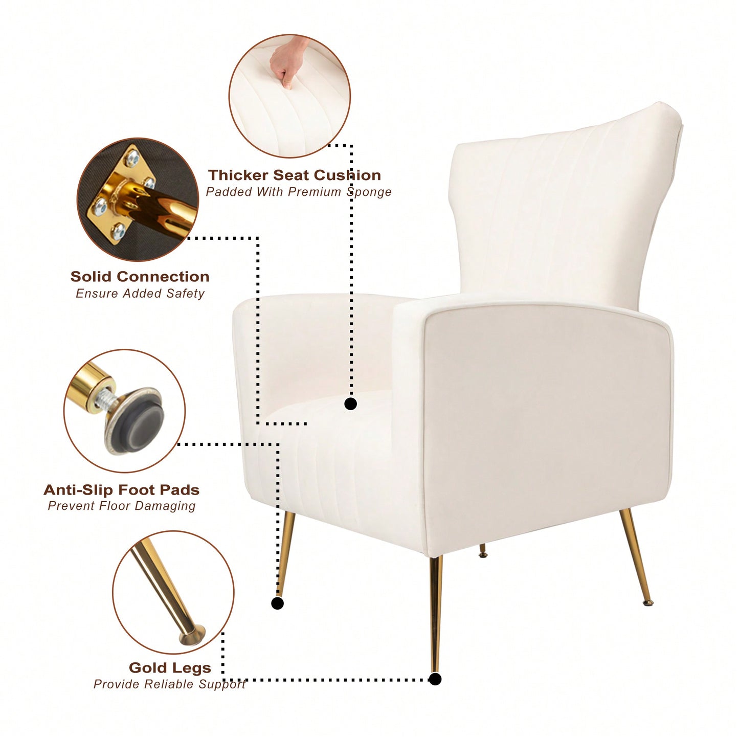 Elegant Velvet Wingback Accent Chair With Gold Legs - Upholstered Arm Chair For Living Room And Bedroom Decor