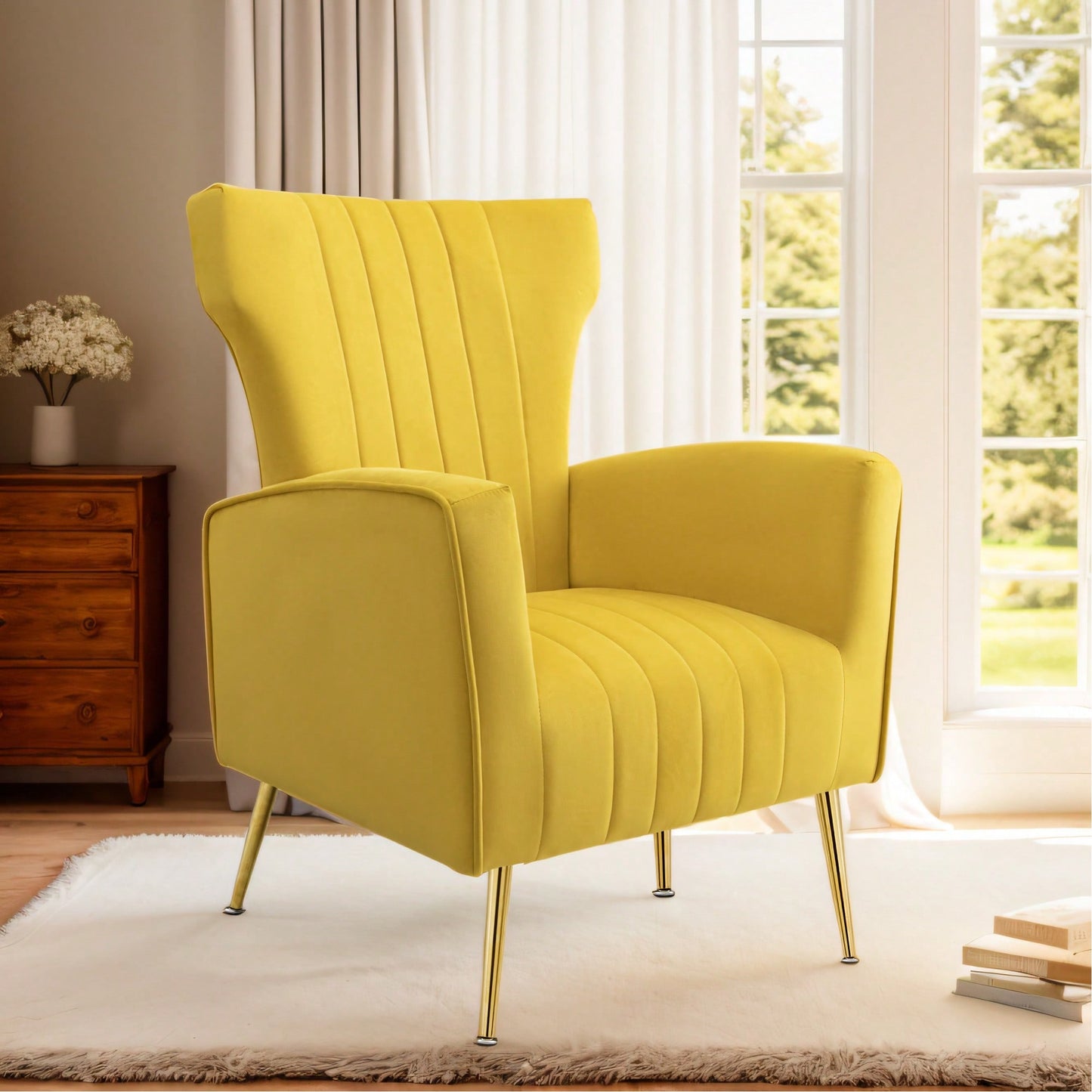Elegant Velvet Wingback Accent Chair With Gold Legs - Upholstered Arm Chair For Living Room And Bedroom Decor