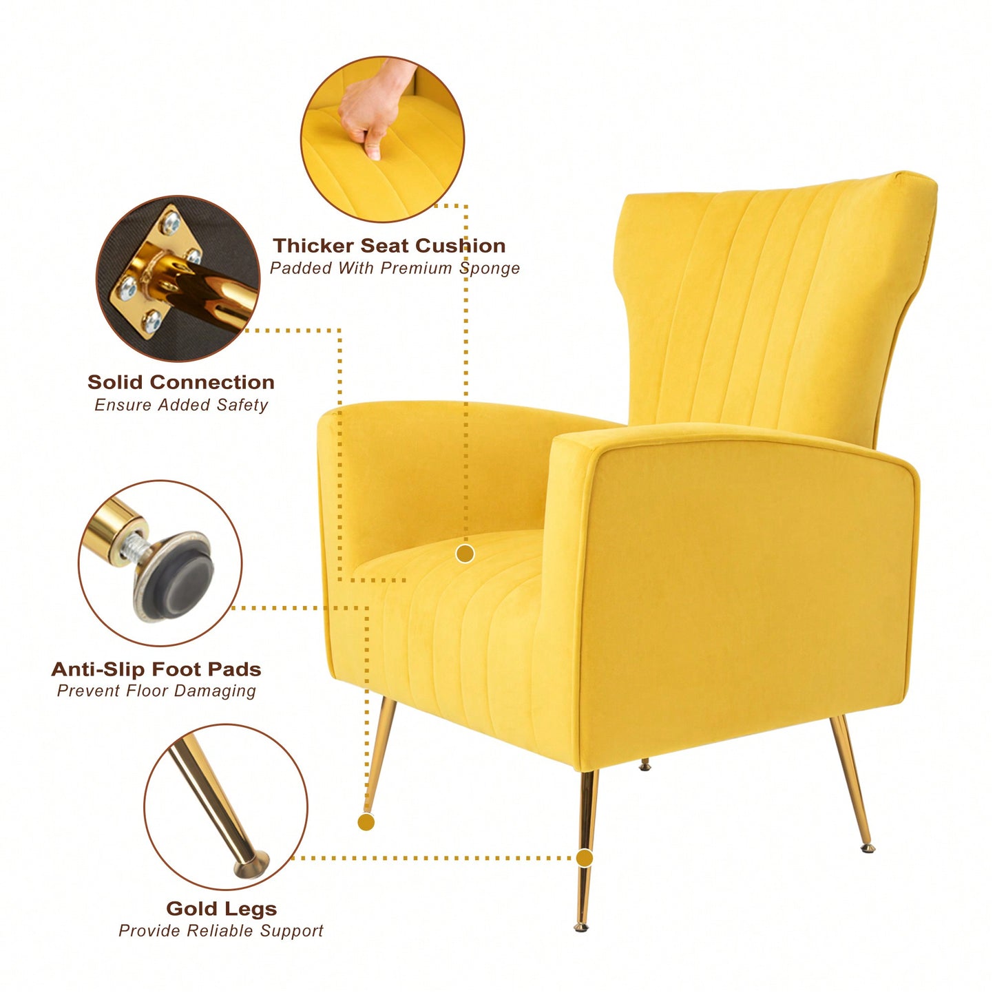 Elegant Velvet Wingback Accent Chair With Gold Legs - Upholstered Arm Chair For Living Room And Bedroom Decor