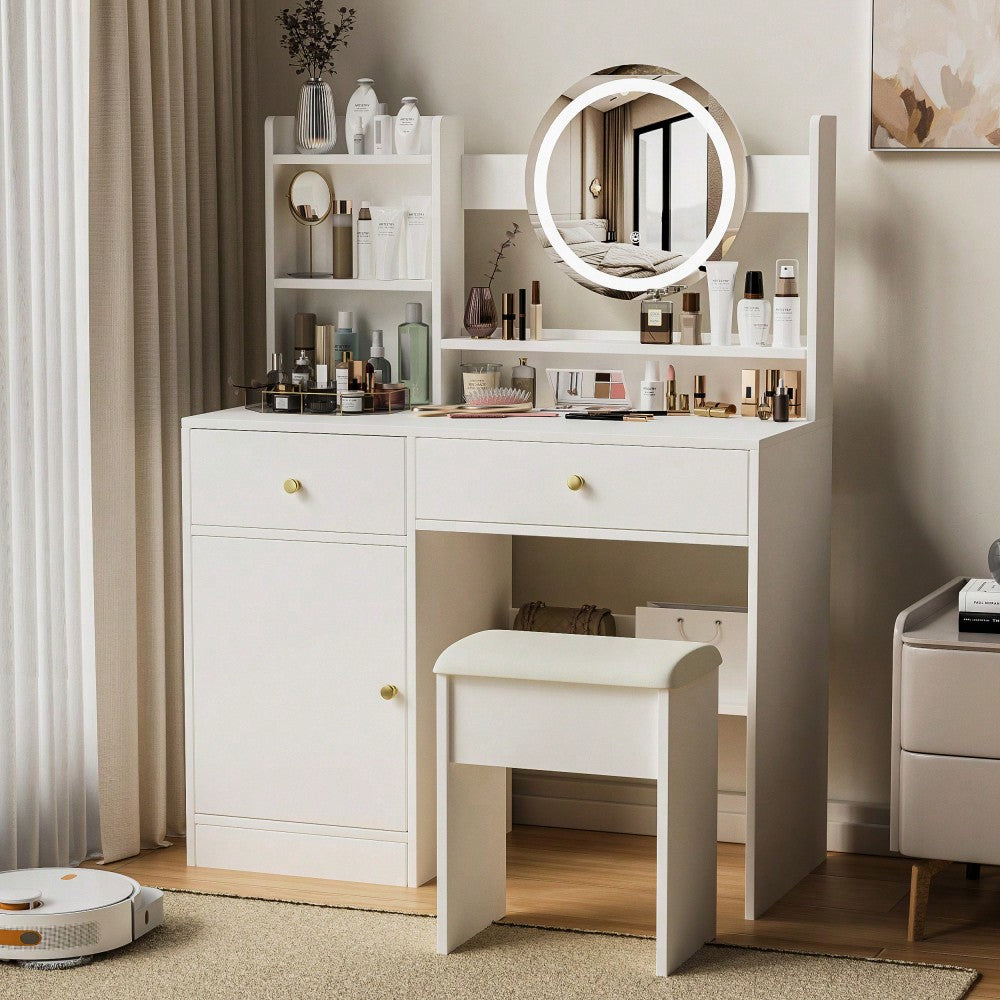 Elegant White Makeup Vanity Set with Adjustable Brightness Mirror and Cushioned Chair for Effortless Beauty Routine