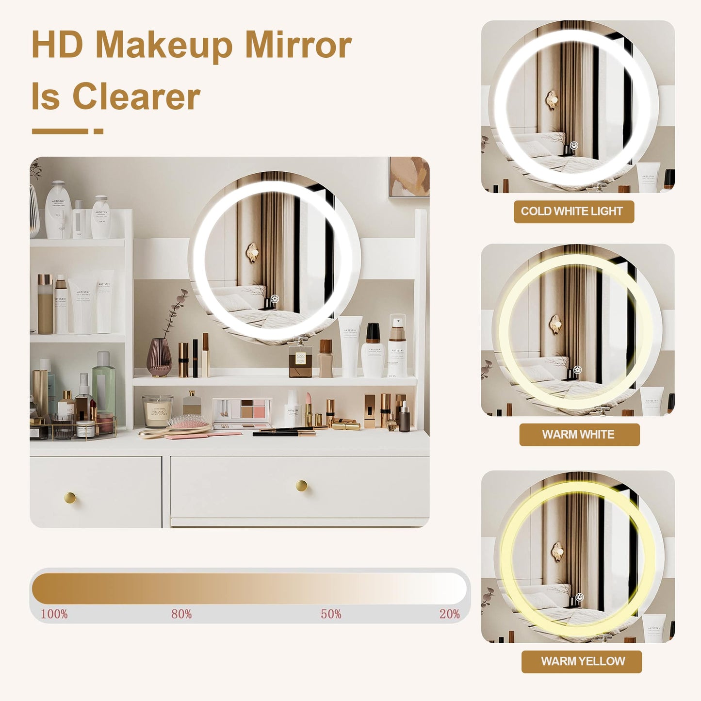 Elegant White Makeup Vanity Set with Adjustable Brightness Mirror and Cushioned Chair for Effortless Beauty Routine