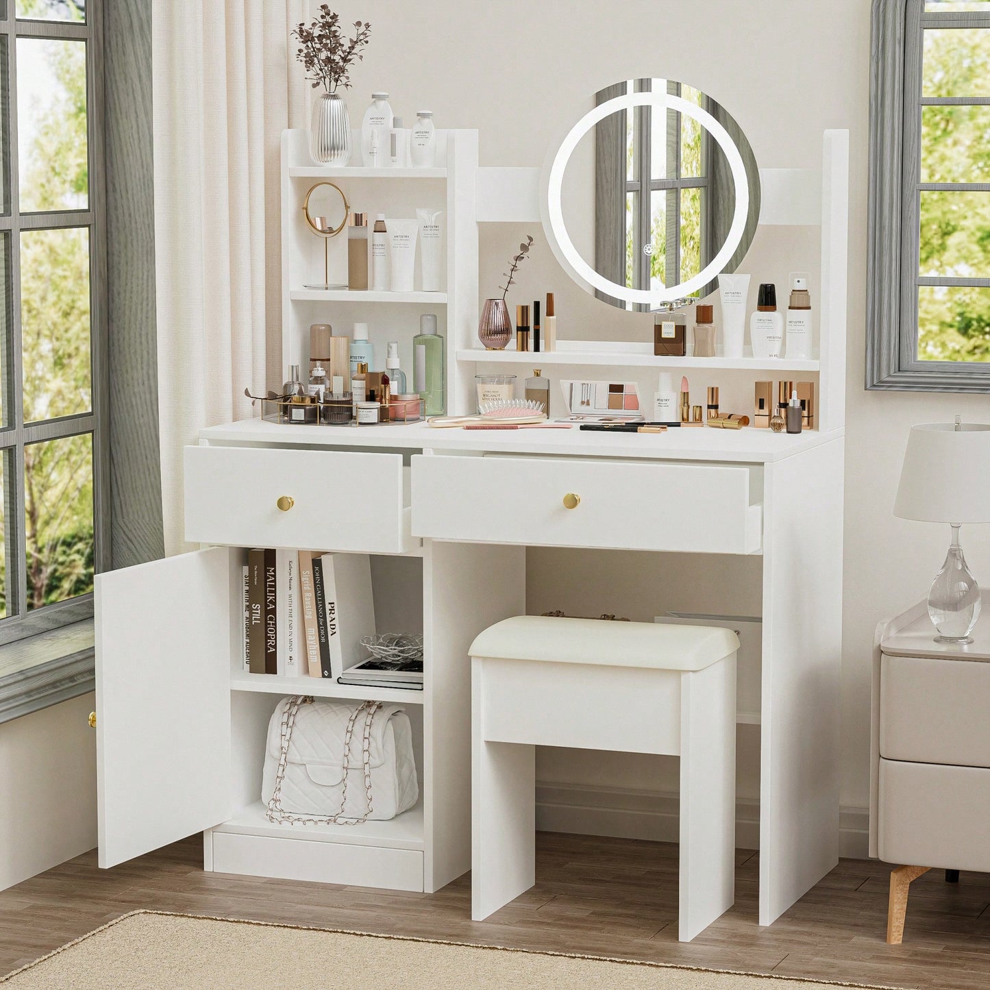 Elegant White Makeup Vanity Set with Adjustable Brightness Mirror and Cushioned Chair for Effortless Beauty Routine