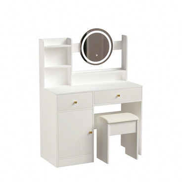 Elegant White Makeup Vanity Set with Adjustable Brightness Mirror and Cushioned Chair for Effortless Beauty Routine