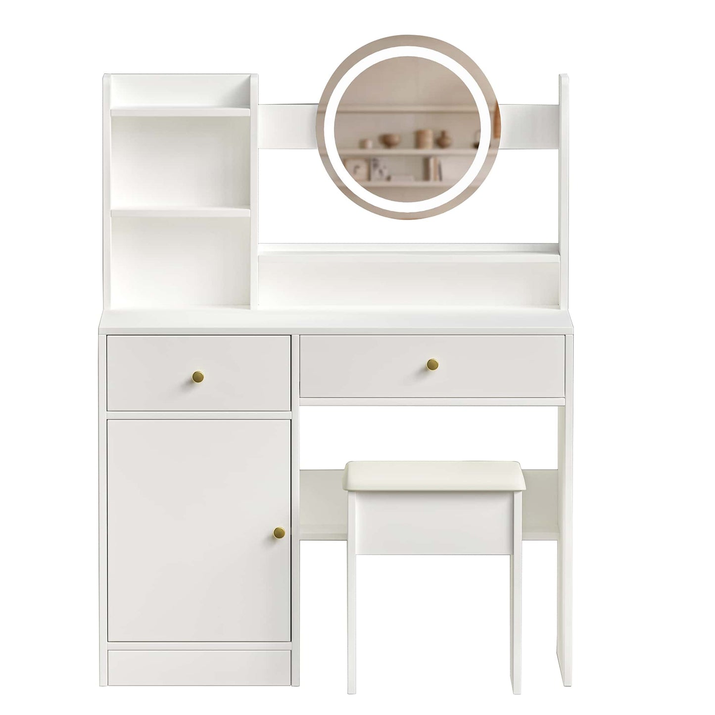 Elegant White Makeup Vanity Set with Adjustable Brightness Mirror and Cushioned Chair for Effortless Beauty Routine