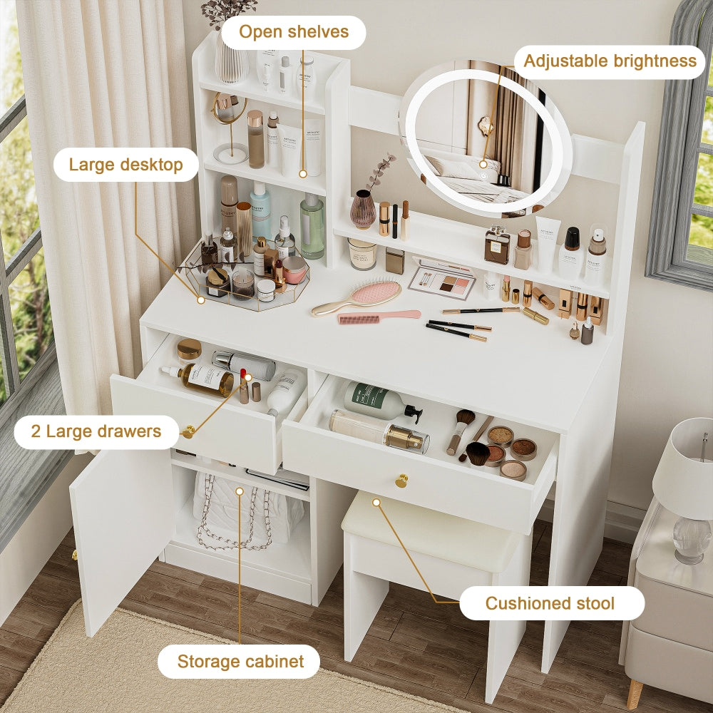 Elegant White Makeup Vanity Set with Adjustable Brightness Mirror and Cushioned Chair for Effortless Beauty Routine