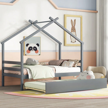 Cozy Twin Size House-Shaped Bed With Trundle In Grey For Kids' Rooms