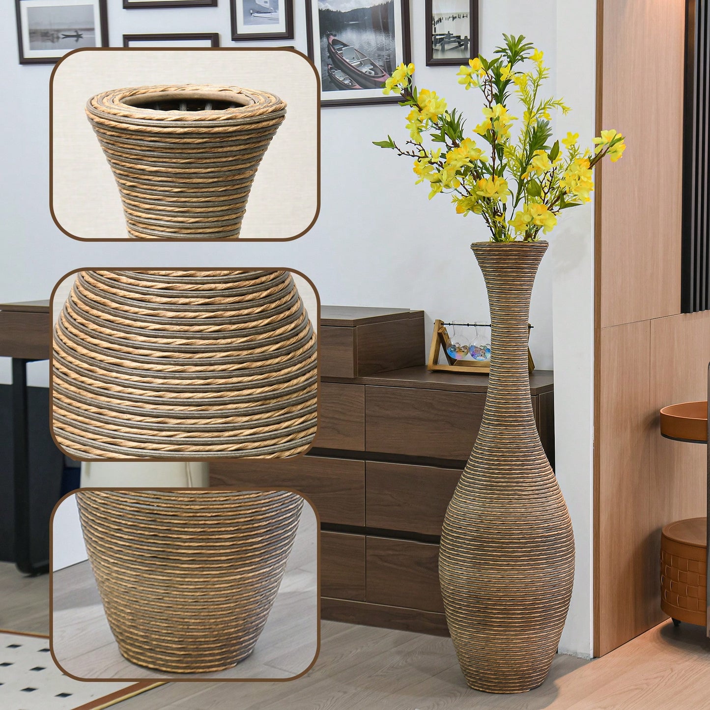 Elegant 39-Inch Beige Rattan Floor Vase for Living Room Entryway or Hallway Perfect for Dried or Silk Flowers