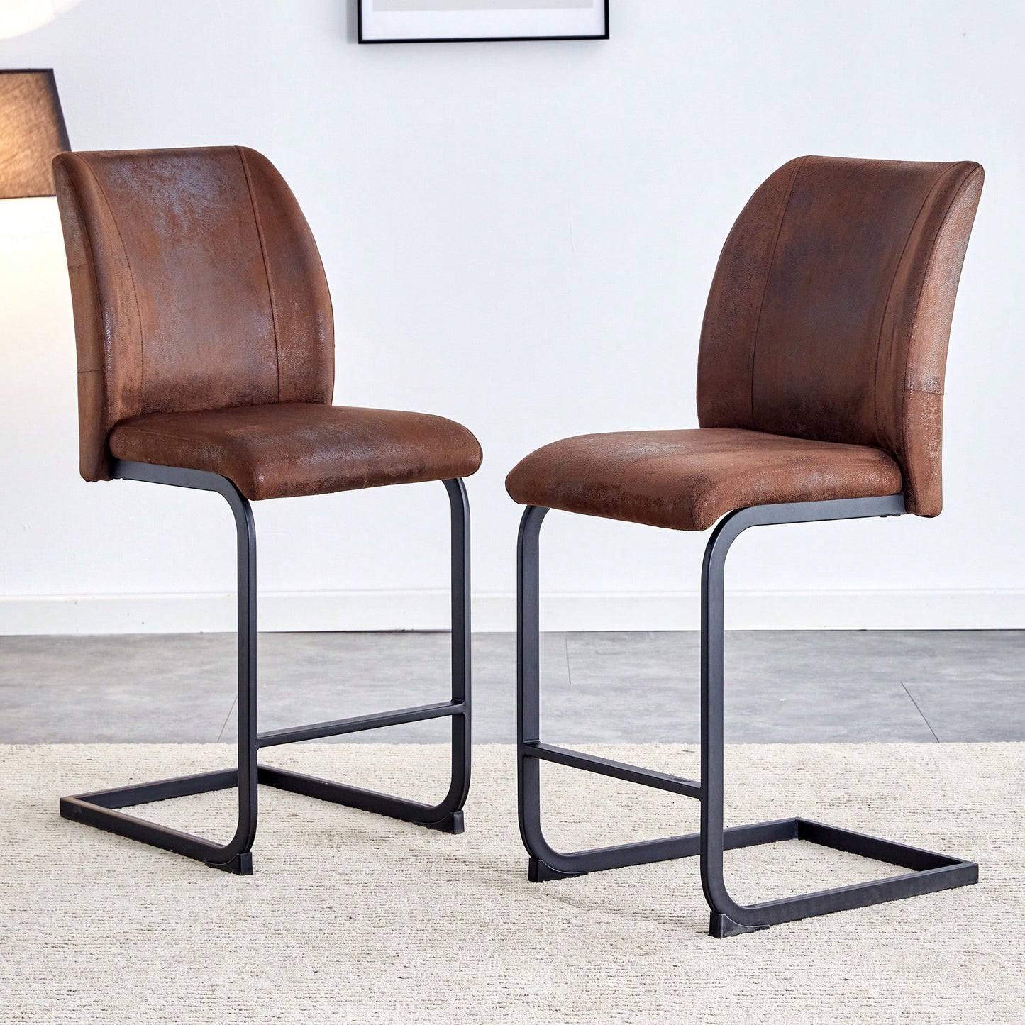 Set Of 2 Stylish Brown Chairs With Suede Cushions And Sleek Black Metal Legs – Perfect For Dining Room, Kitchen, Terrace, Or Guest Office