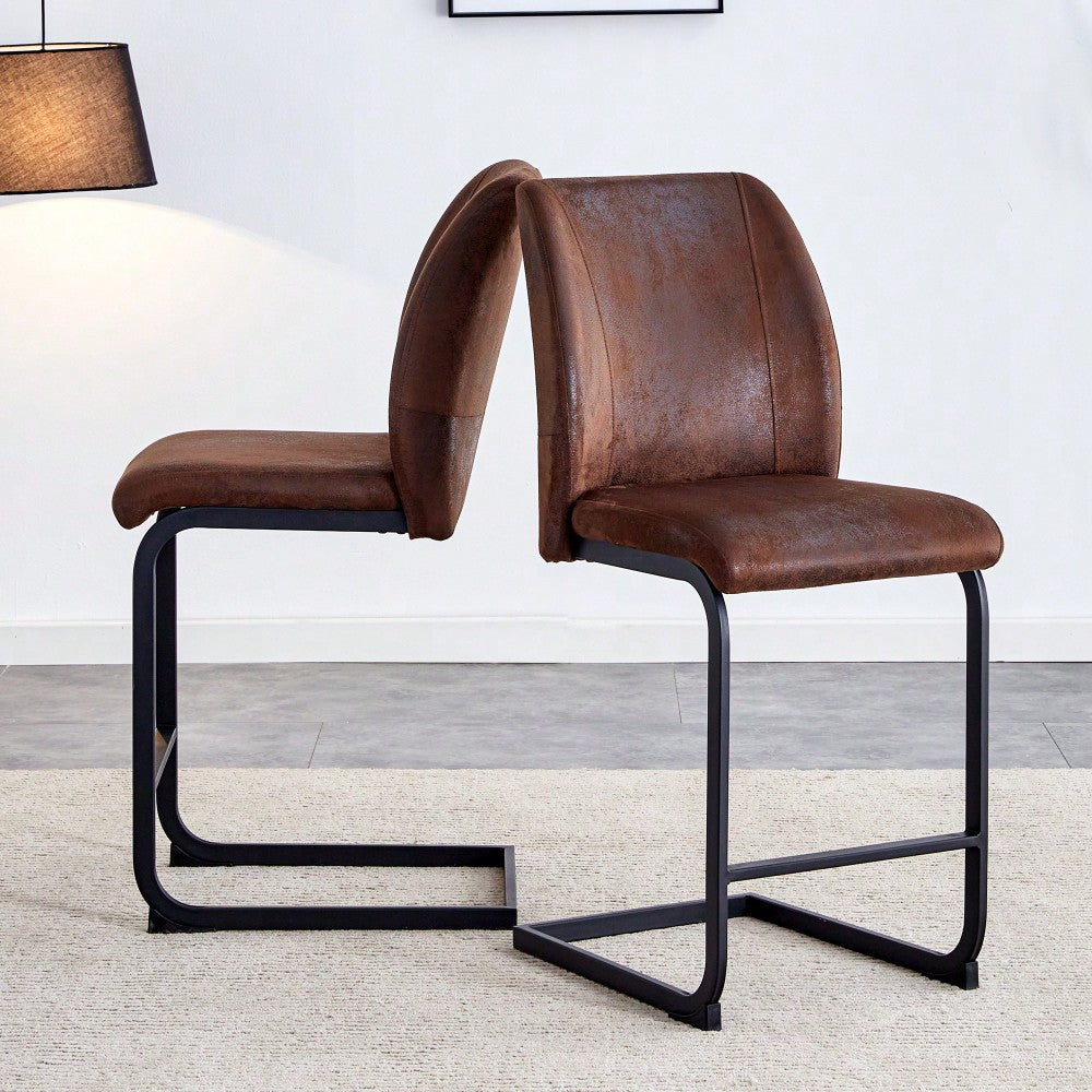 Set Of 2 Stylish Brown Chairs With Suede Cushions And Sleek Black Metal Legs – Perfect For Dining Room, Kitchen, Terrace, Or Guest Office