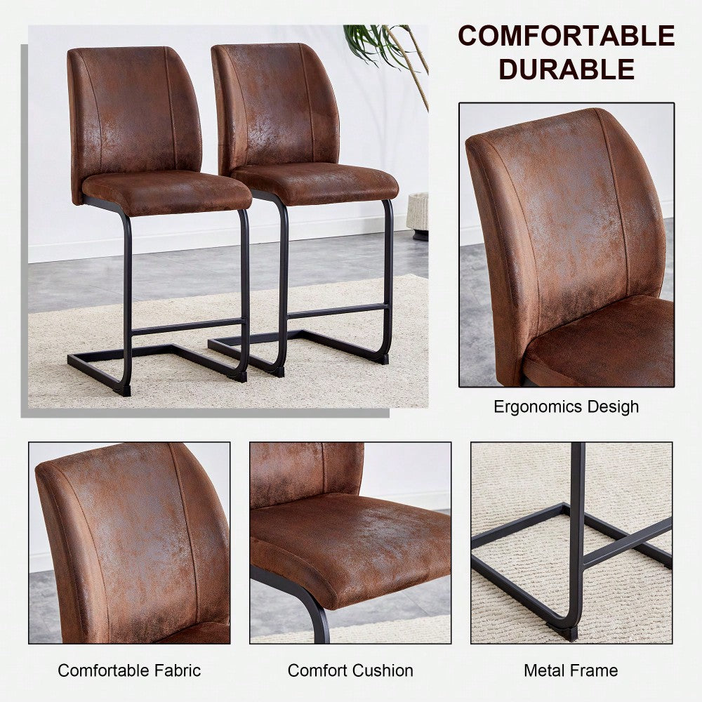 Set Of 2 Stylish Brown Chairs With Suede Cushions And Sleek Black Metal Legs – Perfect For Dining Room, Kitchen, Terrace, Or Guest Office