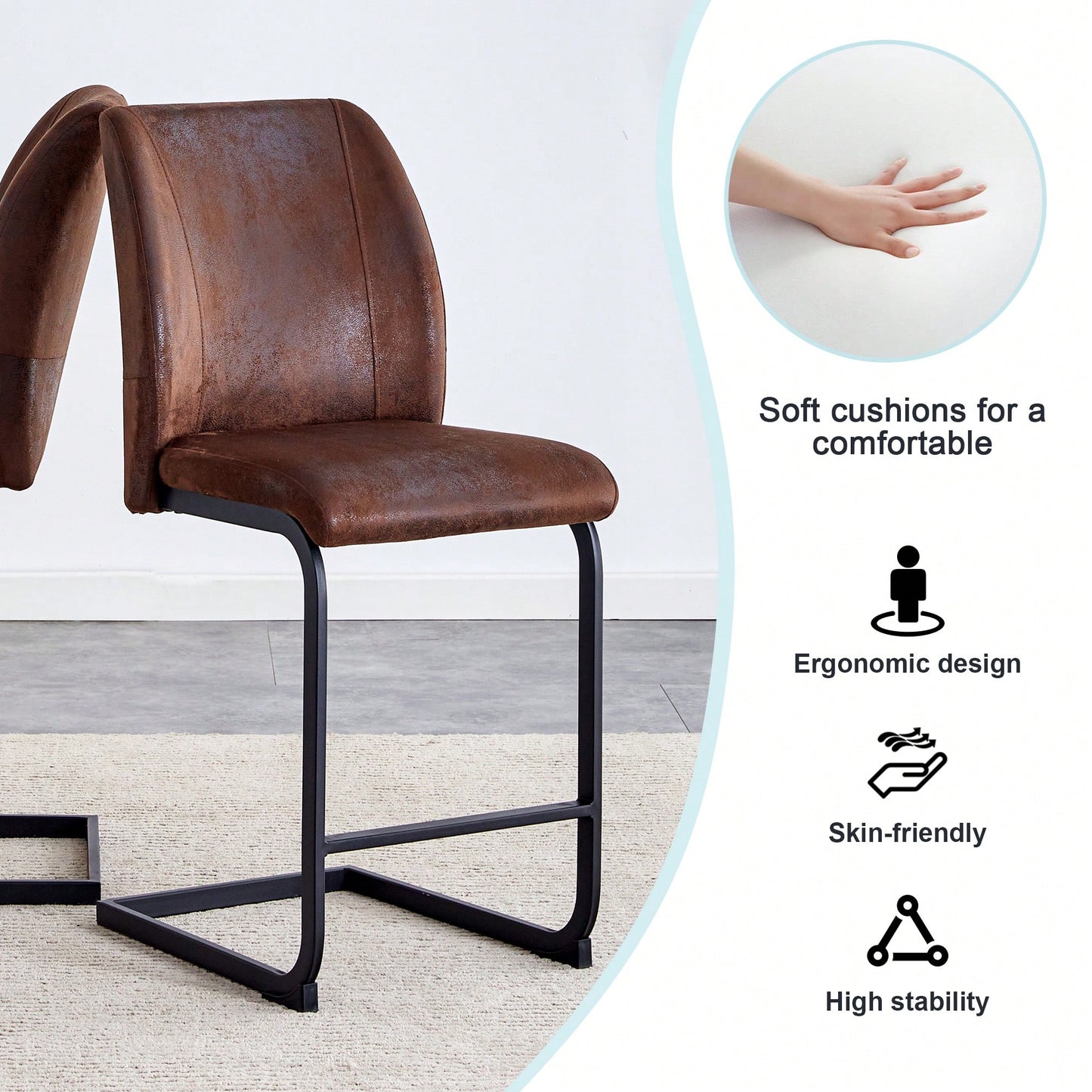 Set Of 2 Stylish Brown Chairs With Suede Cushions And Sleek Black Metal Legs – Perfect For Dining Room, Kitchen, Terrace, Or Guest Office