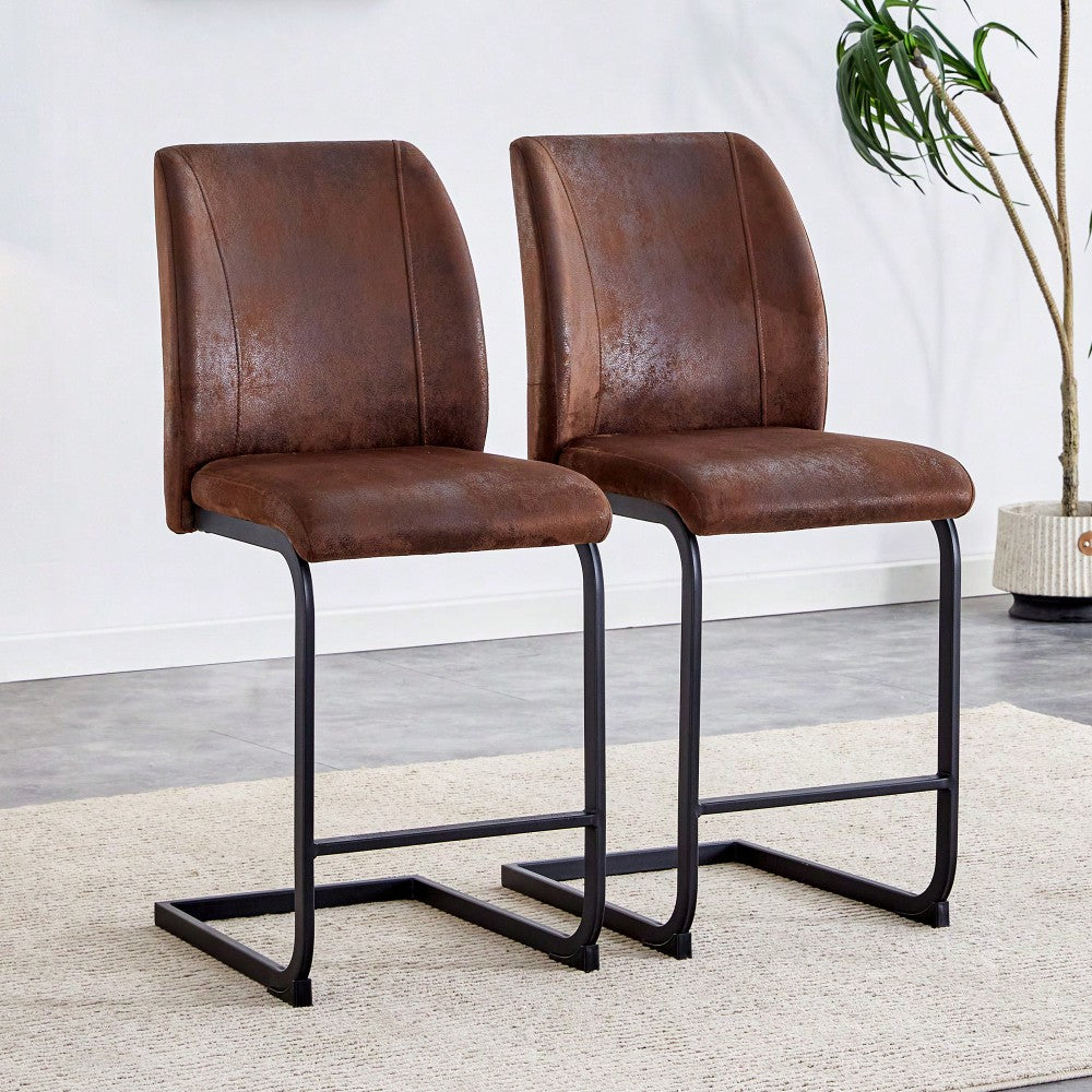 Set Of 2 Stylish Brown Chairs With Suede Cushions And Sleek Black Metal Legs – Perfect For Dining Room, Kitchen, Terrace, Or Guest Office