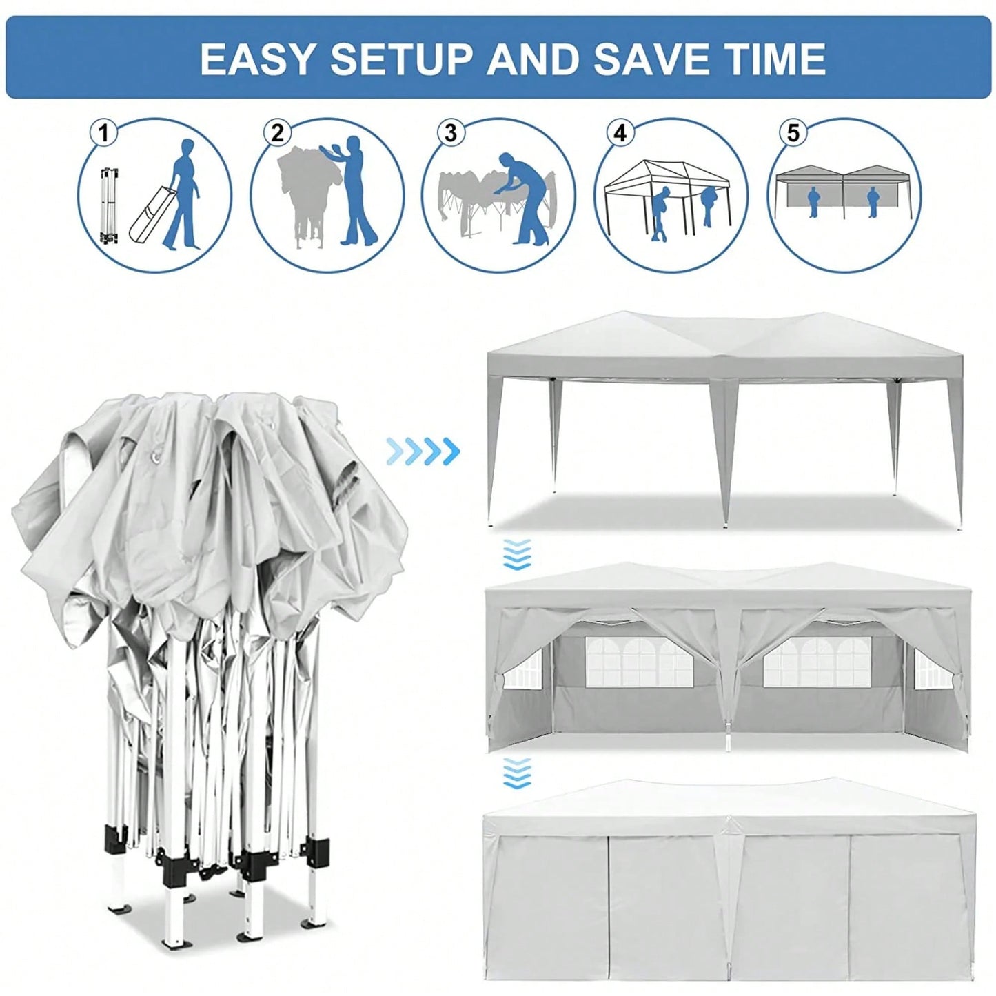 10x20 Portable Outdoor Pop-Up Canopy Tent With Removable Sidewalls, Carry Bag & Weight Bags For Party And Event