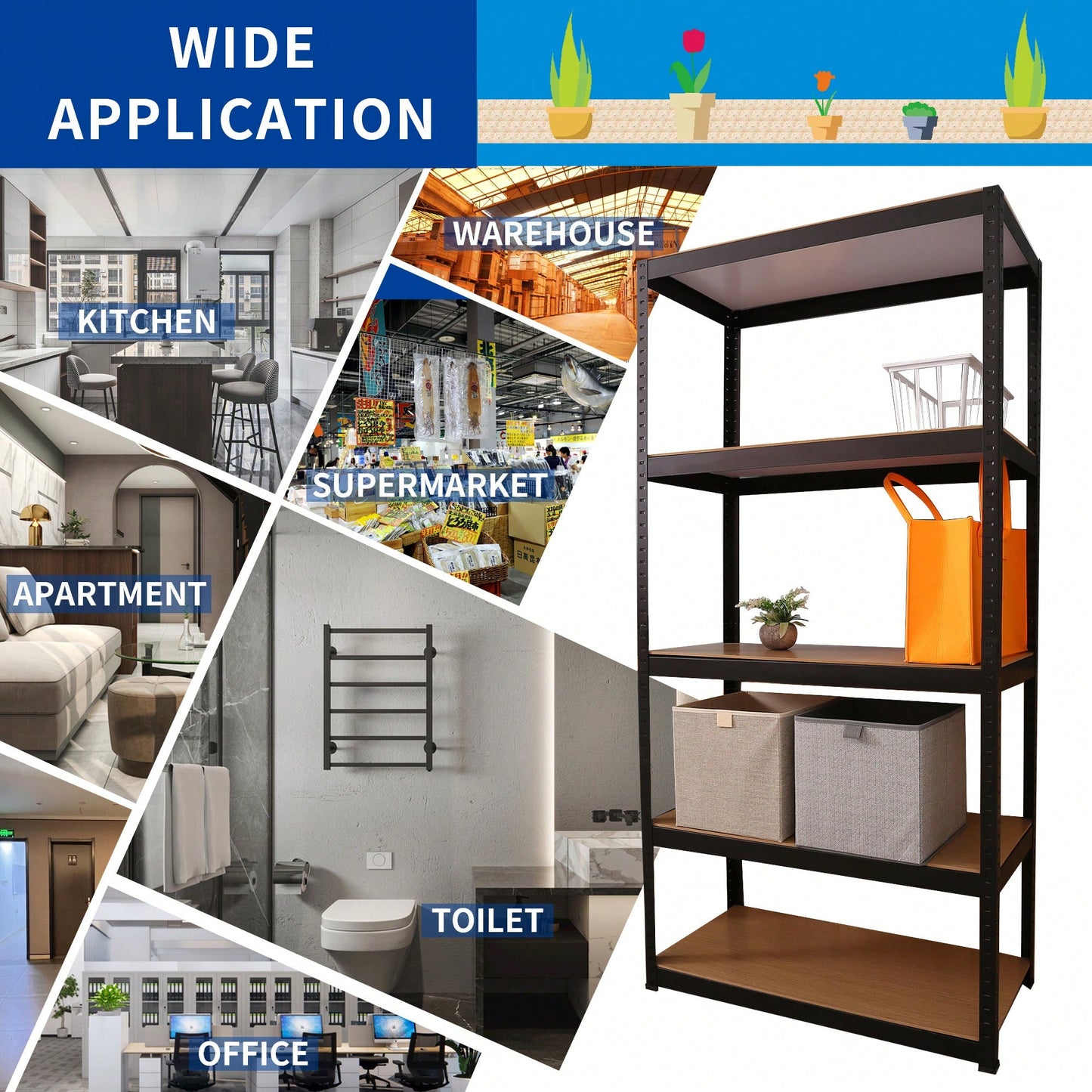 Heavy Duty 5-Tier Adjustable Storage Shelves - Metal Utility Rack For Garage, Pantry, Closet, And Kitchen, 23.6" X 15.7" X 47.2", Black