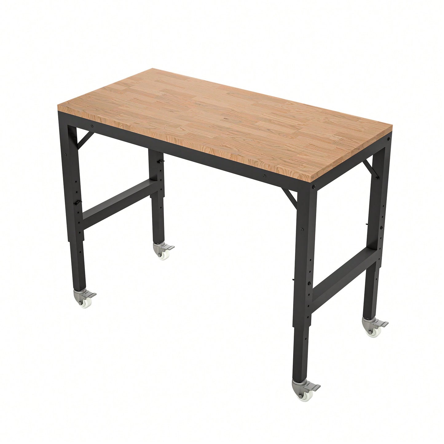 48" Adjustable Heavy-Duty Garage Workbench With Metal Wheels - Sturdy Rubber Wood Shop Table For Over 2000 Lbs Weight Capacity