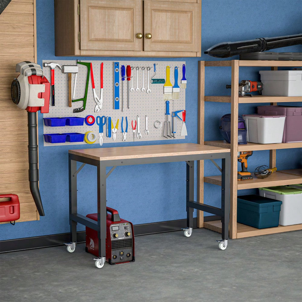 48" Adjustable Heavy-Duty Garage Workbench With Metal Wheels - Sturdy Rubber Wood Shop Table For Over 2000 Lbs Weight Capacity