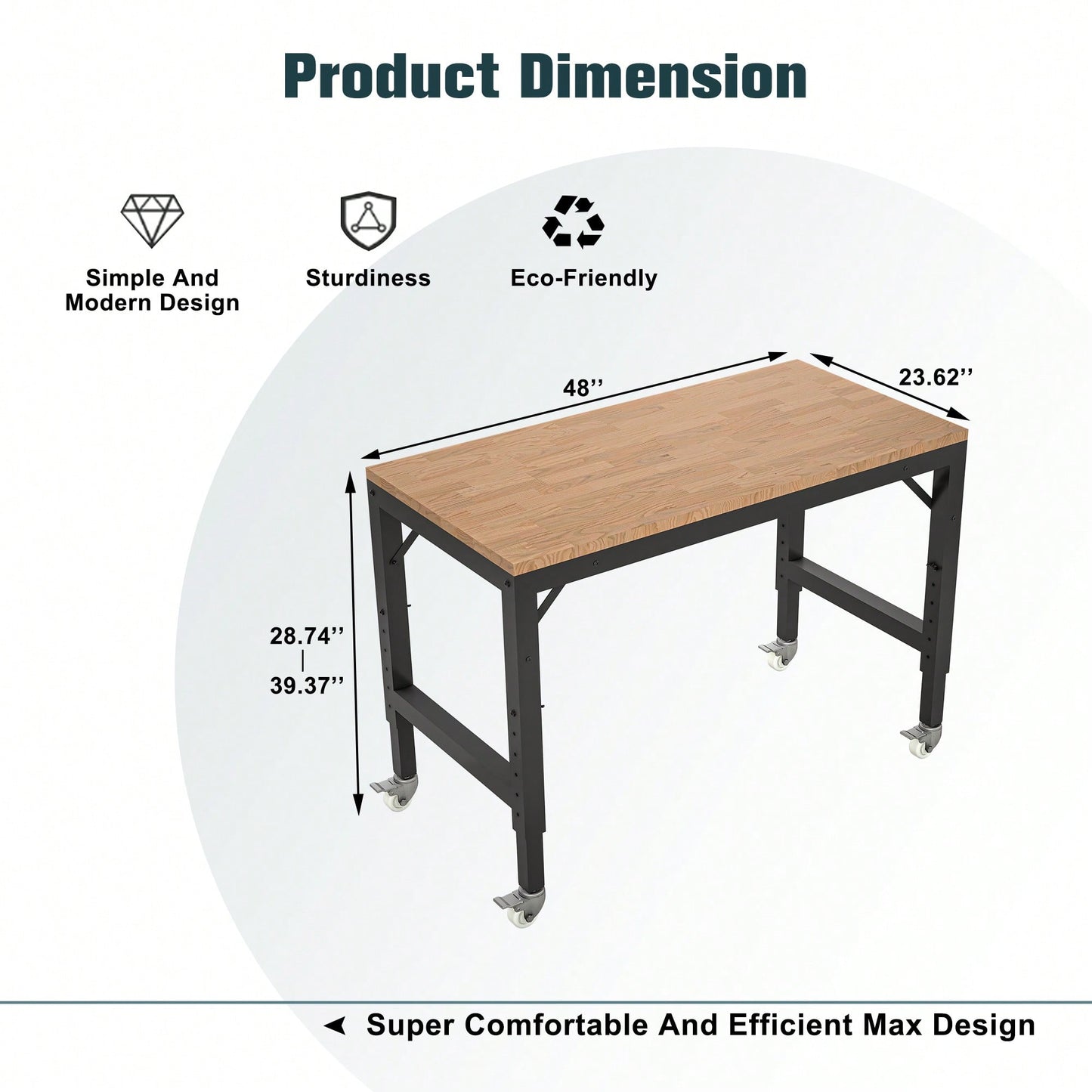 48" Adjustable Heavy-Duty Garage Workbench With Metal Wheels - Sturdy Rubber Wood Shop Table For Over 2000 Lbs Weight Capacity