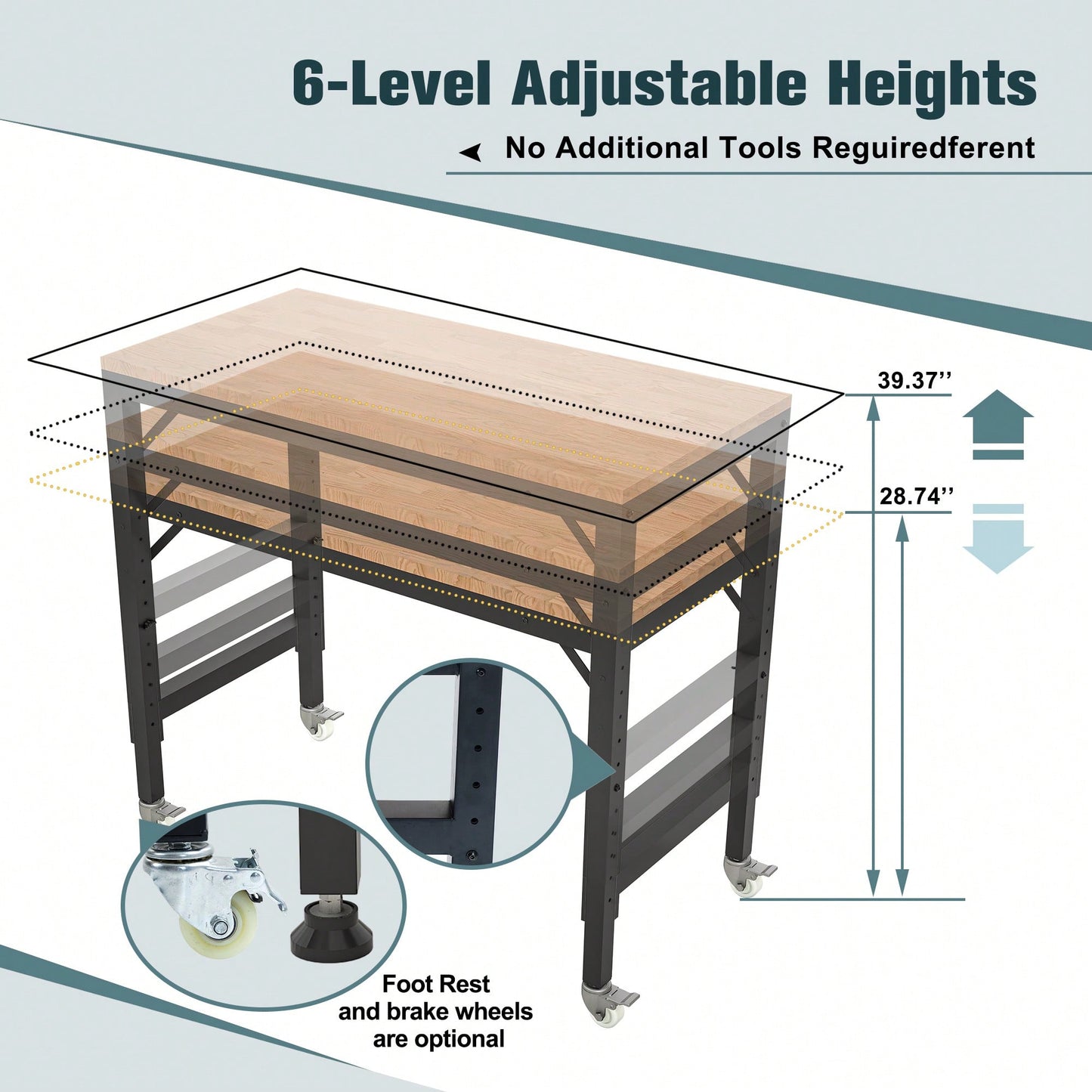 48" Adjustable Heavy-Duty Garage Workbench With Metal Wheels - Sturdy Rubber Wood Shop Table For Over 2000 Lbs Weight Capacity