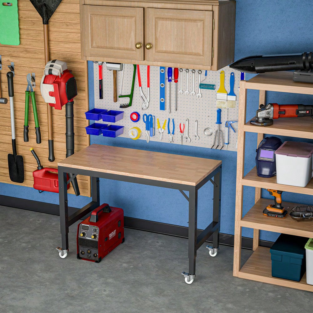 48" Adjustable Heavy-Duty Garage Workbench With Metal Wheels - Sturdy Rubber Wood Shop Table For Over 2000 Lbs Weight Capacity
