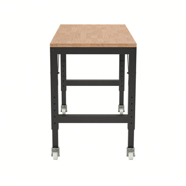 48" Adjustable Heavy-Duty Garage Workbench With Metal Wheels - Sturdy Rubber Wood Shop Table For Over 2000 Lbs Weight Capacity