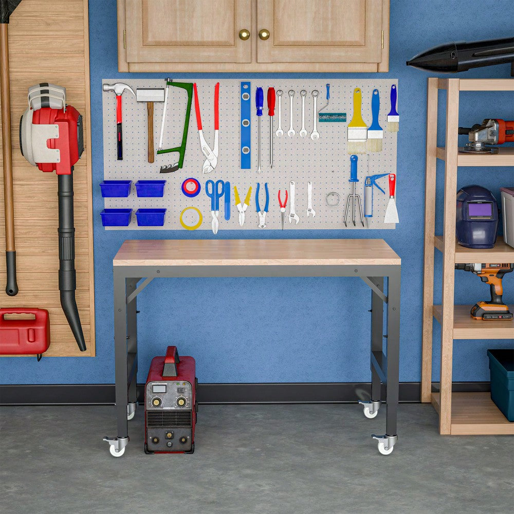 48" Adjustable Heavy-Duty Garage Workbench With Metal Wheels - Sturdy Rubber Wood Shop Table For Over 2000 Lbs Weight Capacity