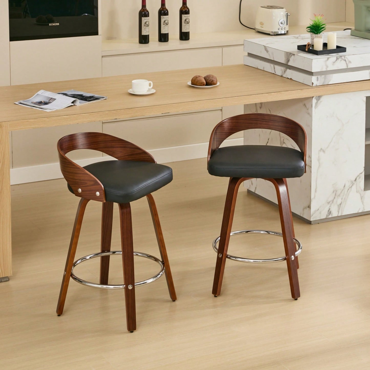 Set Of 2 Swivel Bar Stools With Low Back - Comfortable Wood Bar Chairs With Soft Cushion Seat - 25-Inch Height For Kitchen Or Home Bar