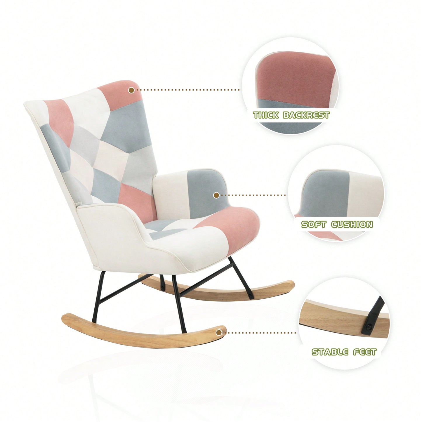 Stylish Mid Century Fabric Rocking Chair With Ottoman, Wood Legs, And Patchwork Linen For Living Room Or Bedroom Decor